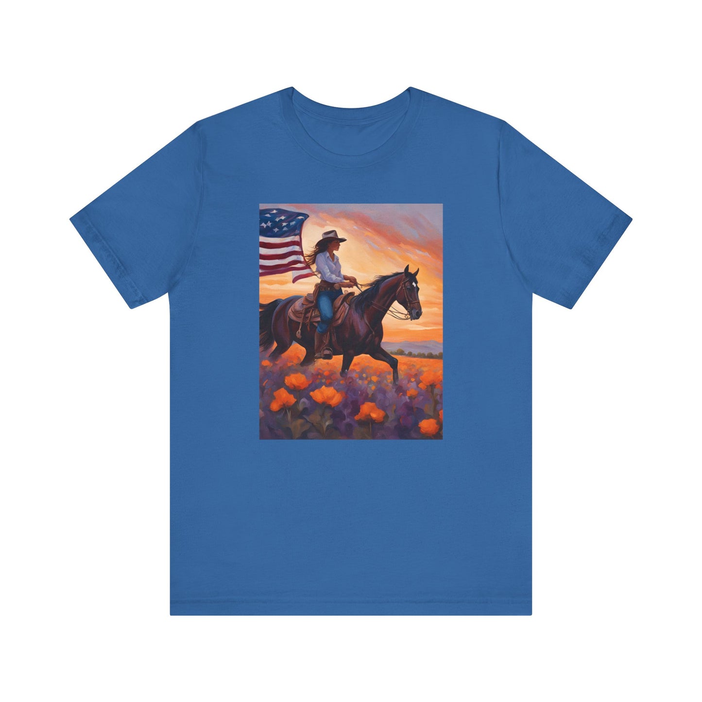 Patriotic Cowgirl Tee with poppies - Short Sleeve Shirt with American Flag Design