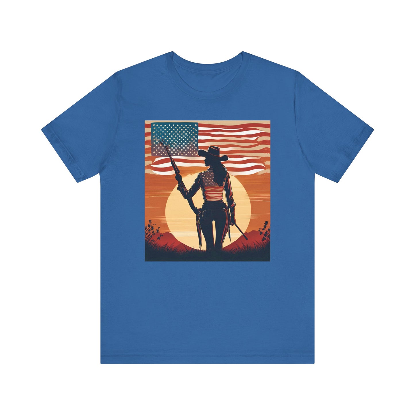 Patriotic Cowgirl Tee -  Short Sleeve Jersey Shirt with American Flag Design