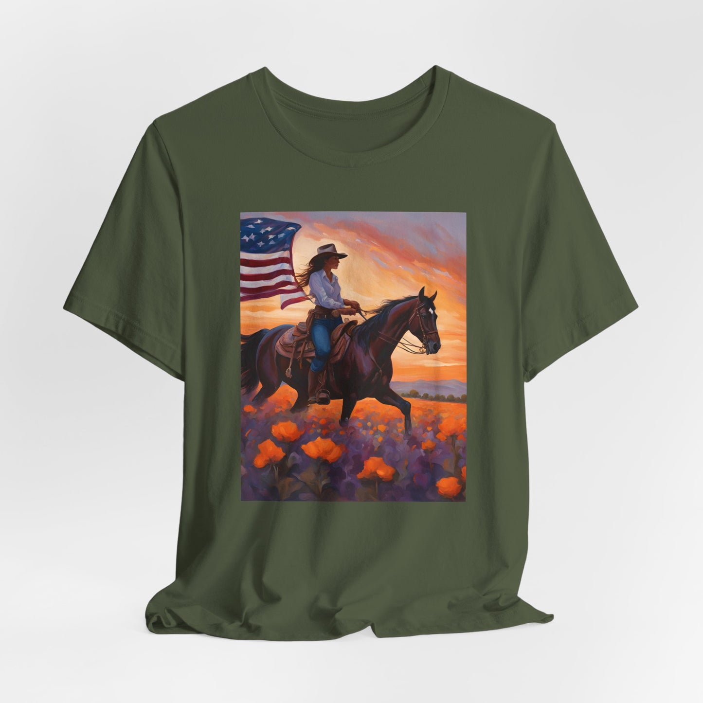 Patriotic Cowgirl Tee with poppies - Short Sleeve Shirt with American Flag Design
