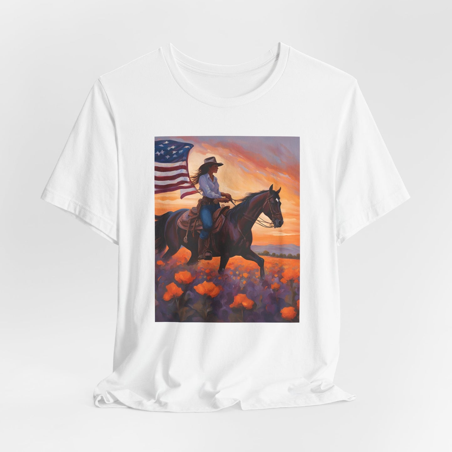 Patriotic Cowgirl Tee with poppies - Short Sleeve Shirt with American Flag Design