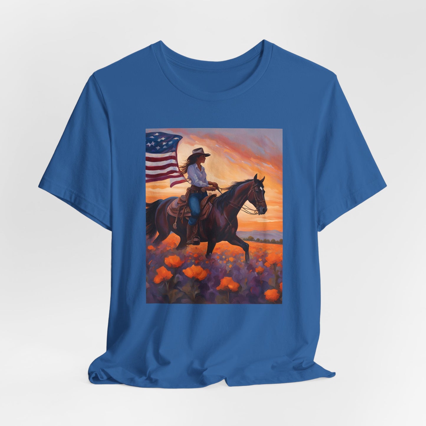 Patriotic Cowgirl Tee with poppies - Short Sleeve Shirt with American Flag Design