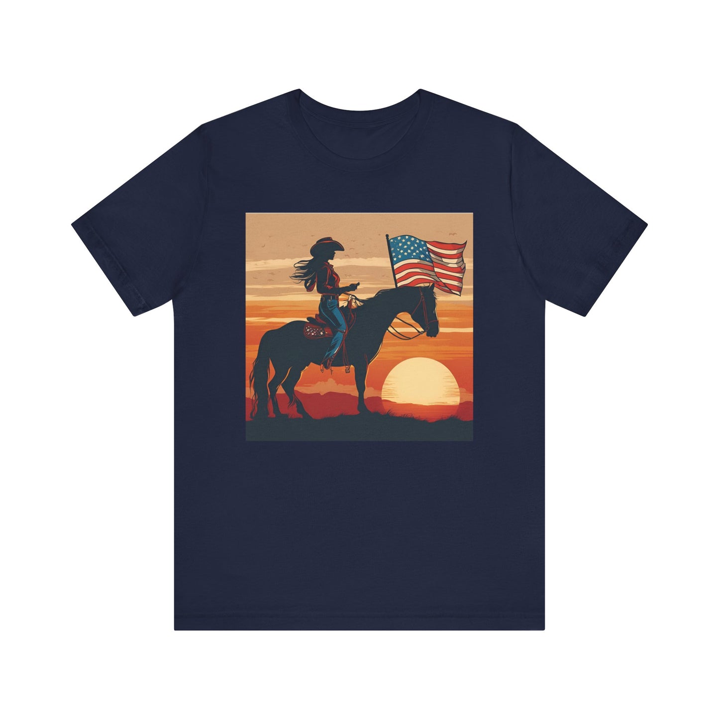 Cowgirl on Horse at Sunset with Flag Jersey Tee