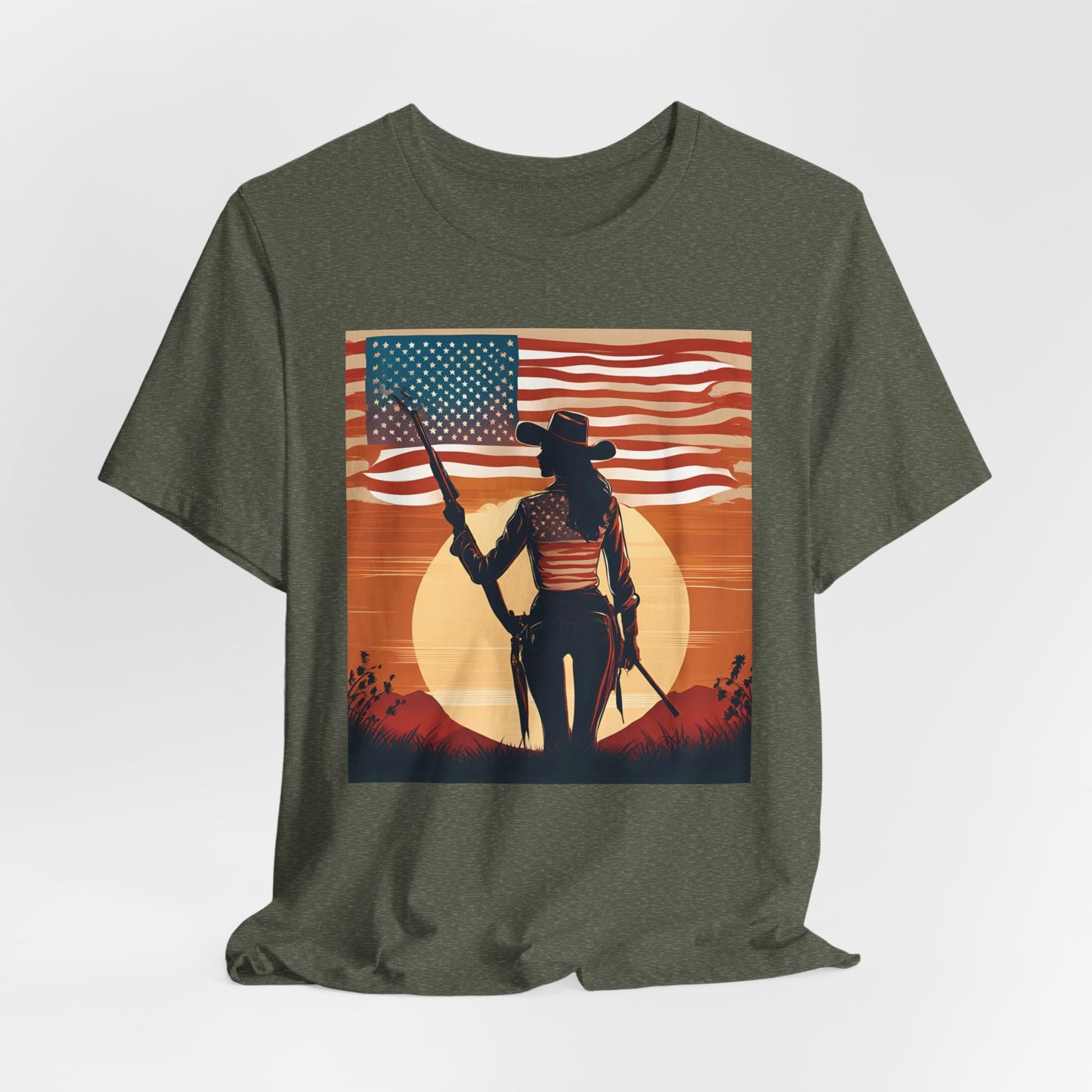 Patriotic Cowgirl Tee -  Short Sleeve Jersey Shirt with American Flag Design