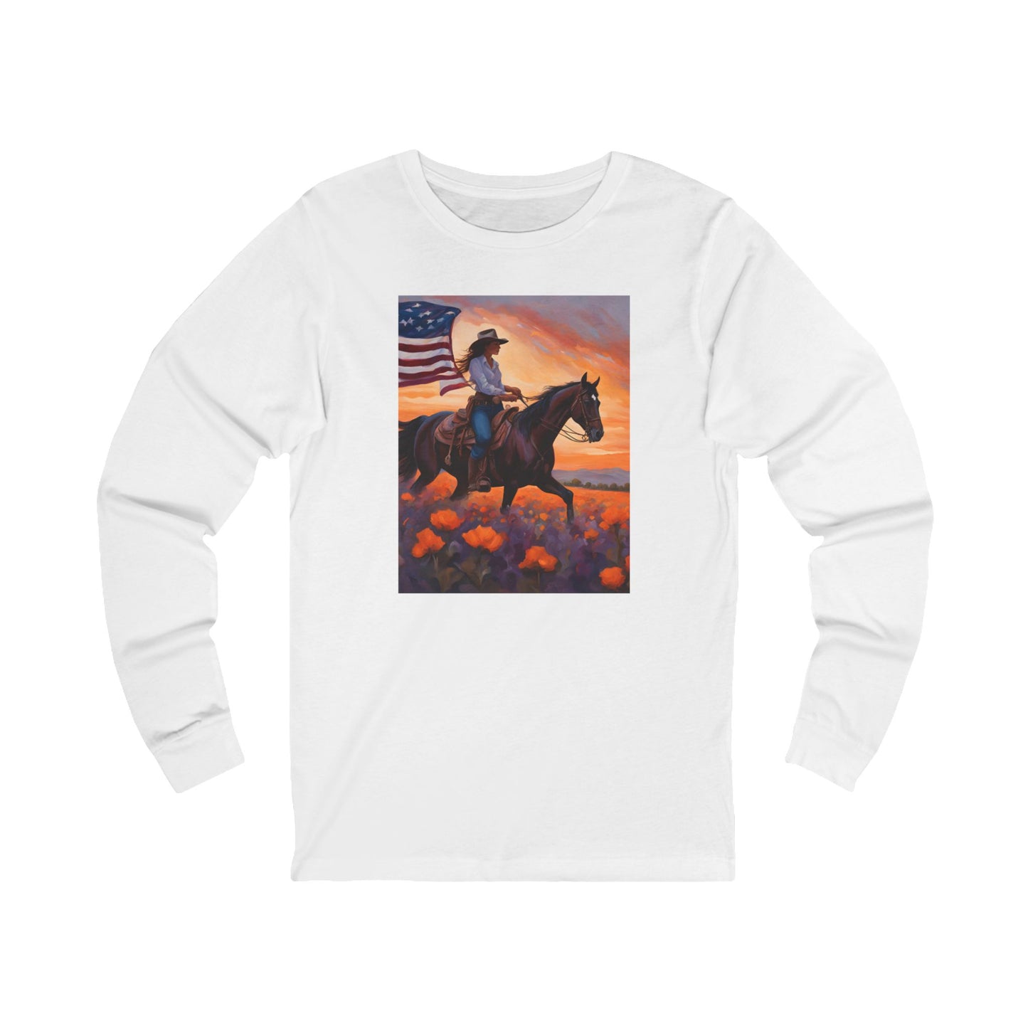 Patriotic Cowgirl Long Sleeve Tee - American Flag Sunset Design