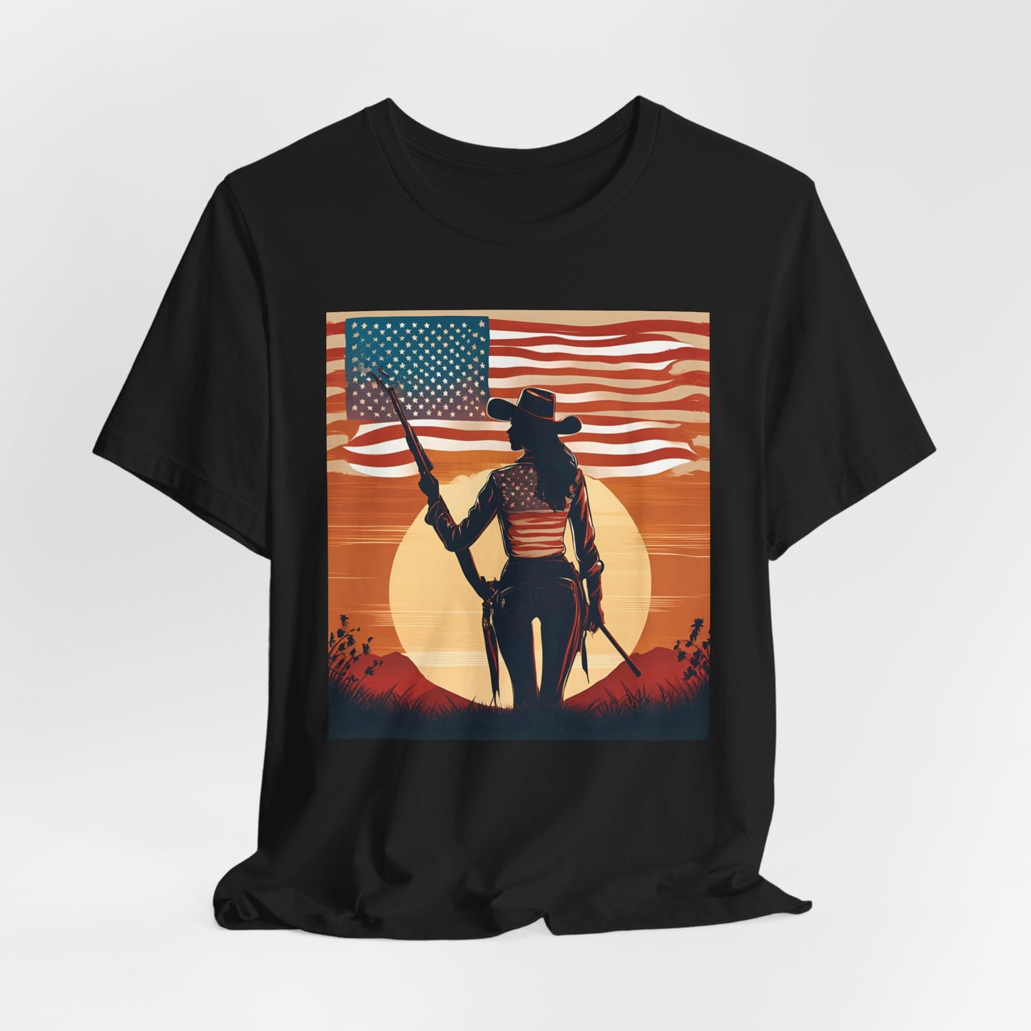 Patriotic Cowgirl Tee -  Short Sleeve Jersey Shirt with American Flag Design