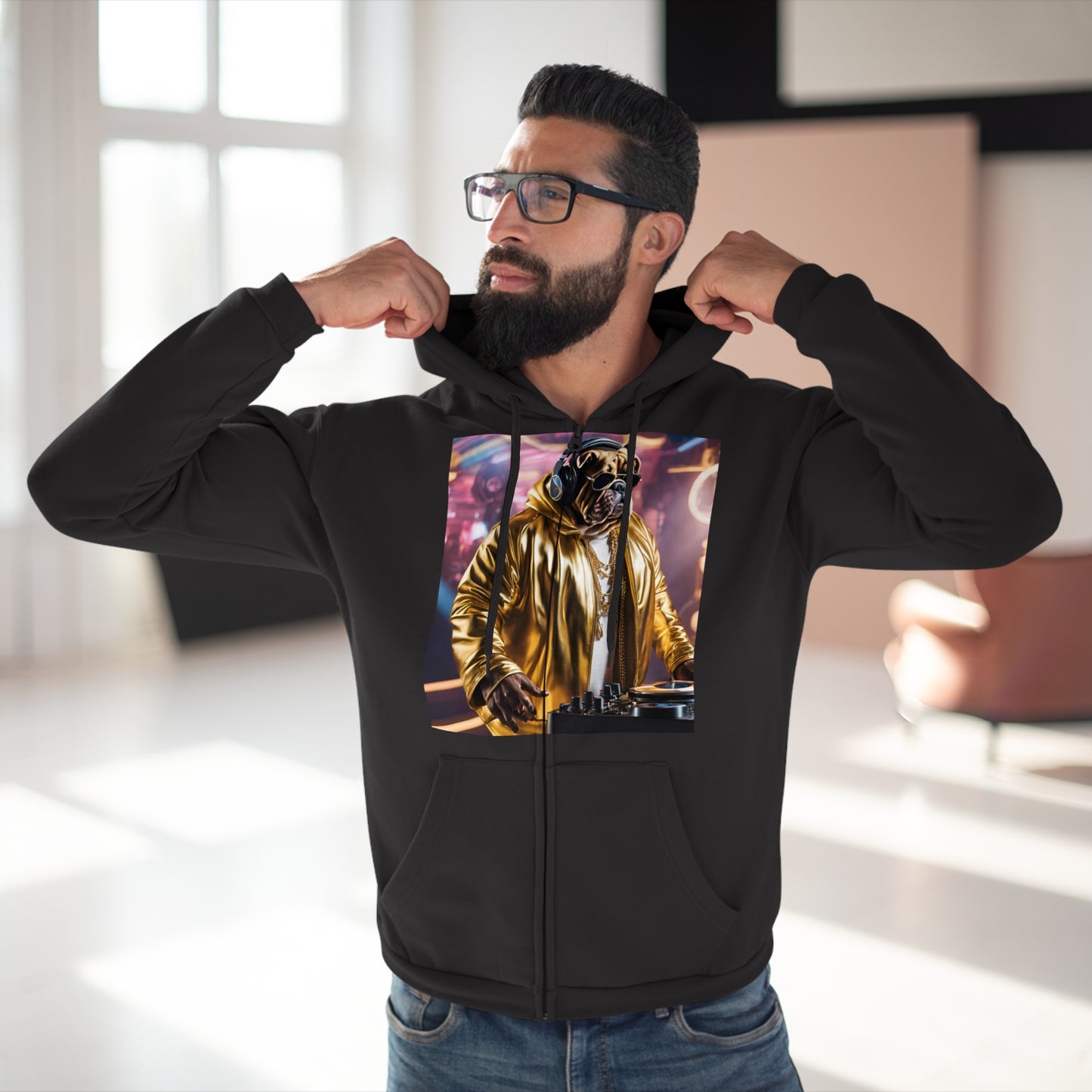 DJ Bulldog - Festival - Unisex Zip-Up Hoodie - Fun & Stylish Sweatshirt for Pet Lovers