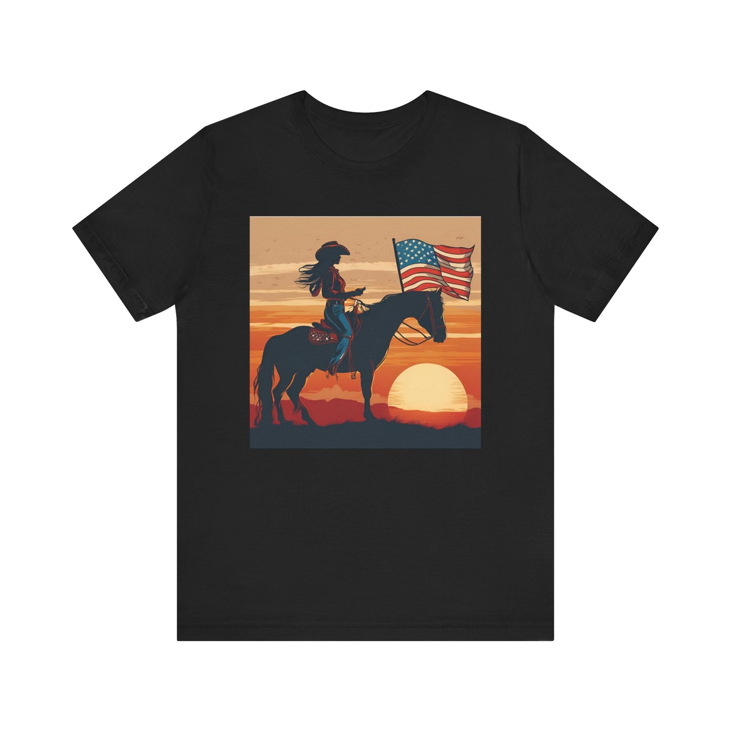 Cowgirl on Horse at Sunset with Flag Jersey Tee