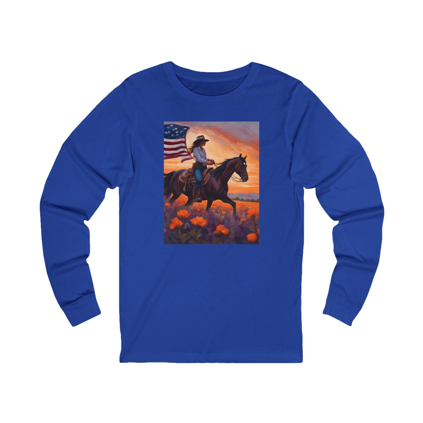 Patriotic Cowgirl Long Sleeve Tee - American Flag Sunset Design