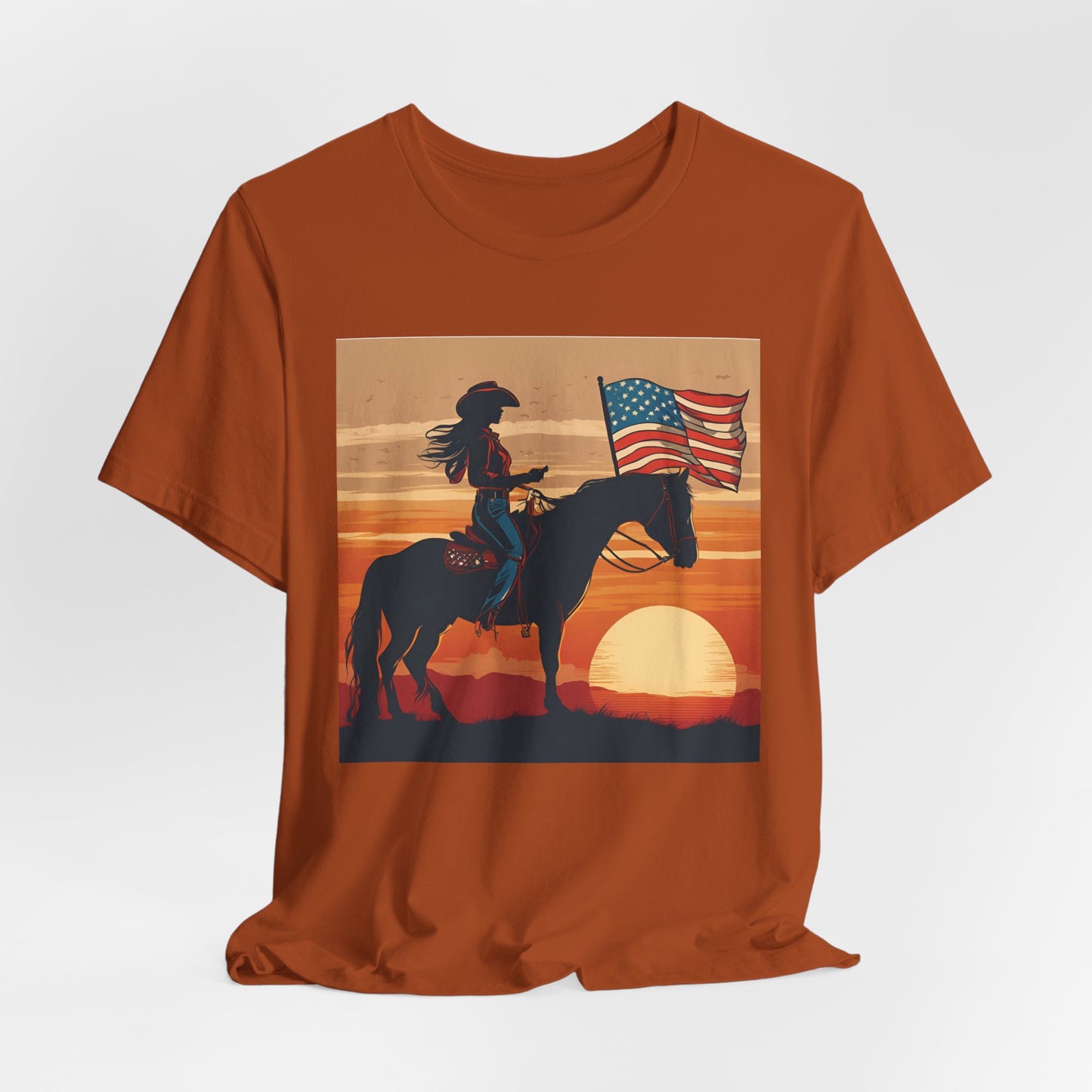 Cowgirl on Horse at Sunset with Flag Jersey Tee