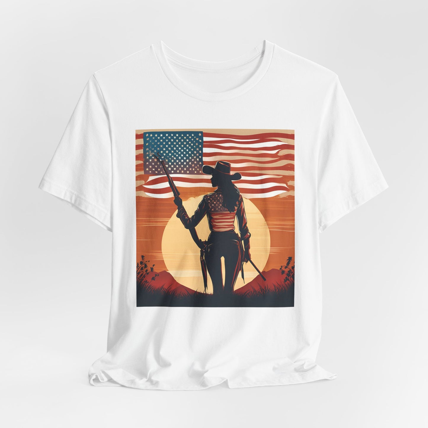 Patriotic Cowgirl Tee -  Short Sleeve Jersey Shirt with American Flag Design