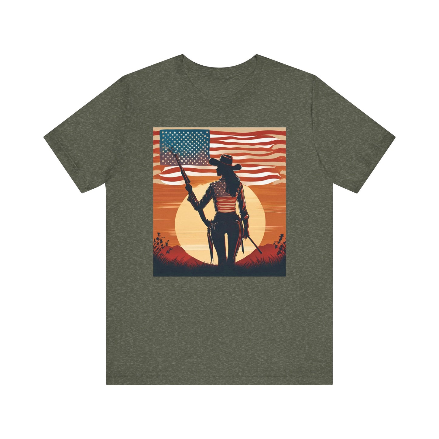Patriotic Cowgirl Tee -  Short Sleeve Jersey Shirt with American Flag Design