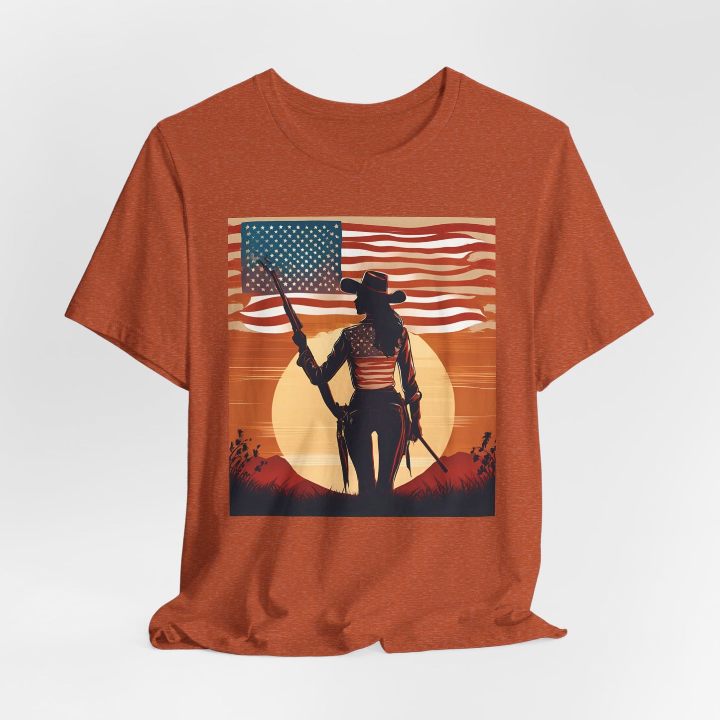 Patriotic Cowgirl Tee -  Short Sleeve Jersey Shirt with American Flag Design