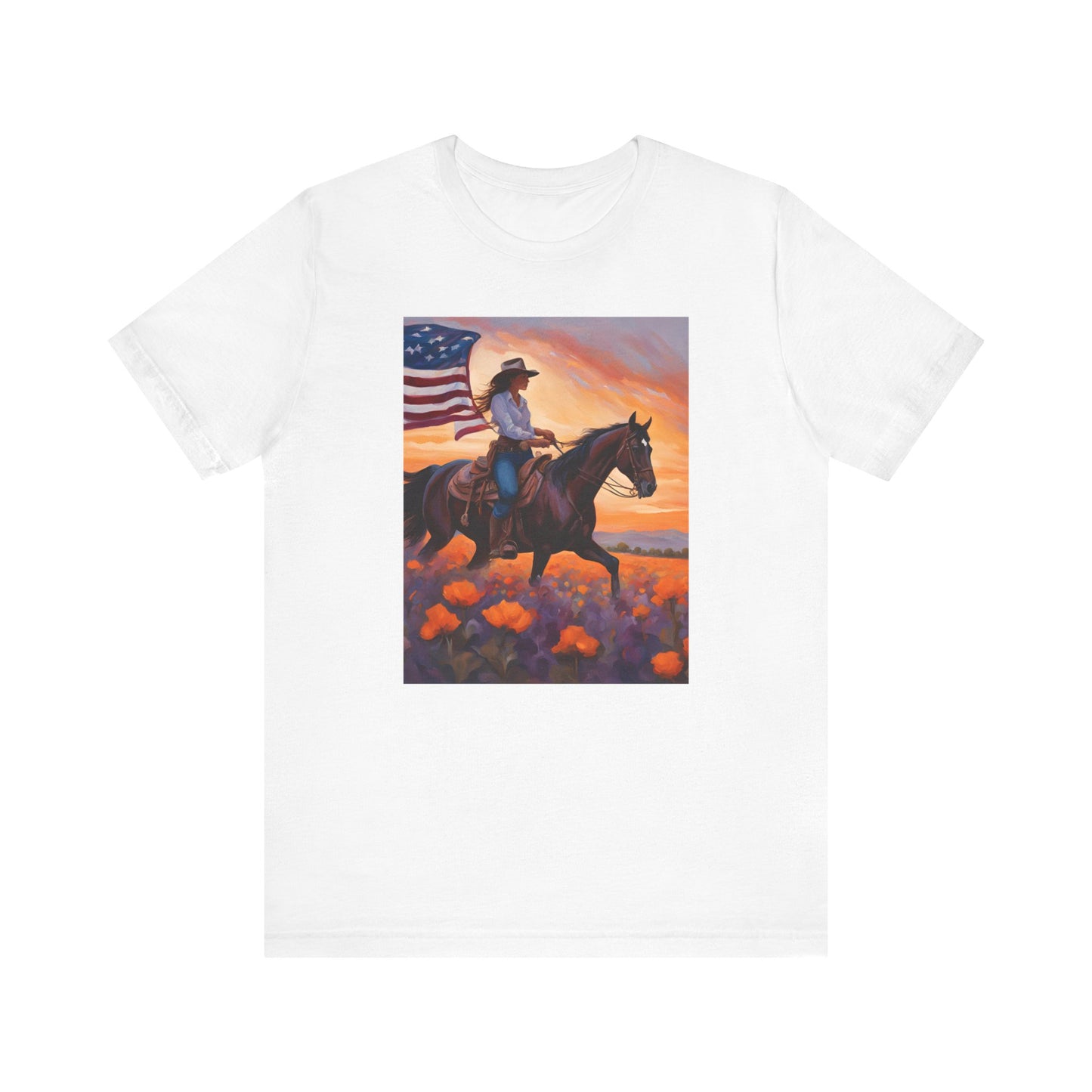 Patriotic Cowgirl Tee with poppies - Short Sleeve Shirt with American Flag Design