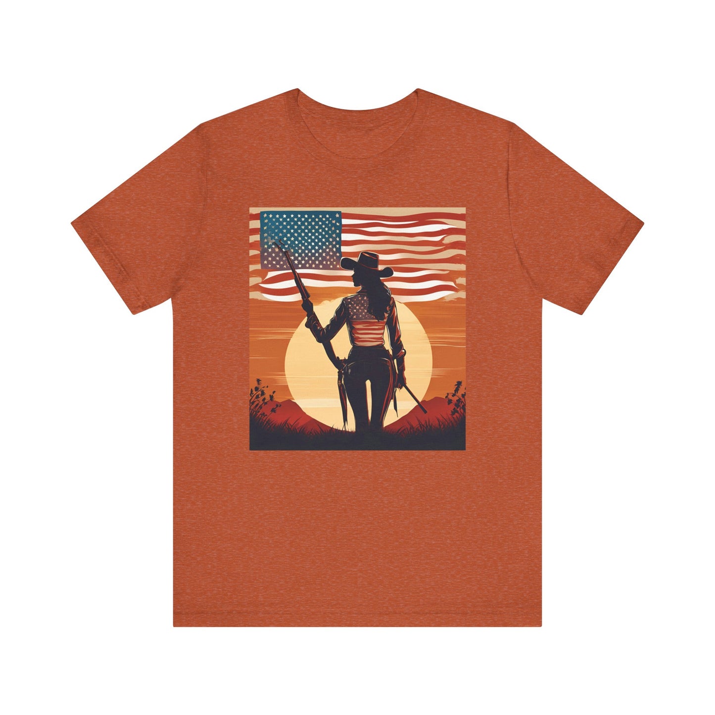 Patriotic Cowgirl Tee -  Short Sleeve Jersey Shirt with American Flag Design