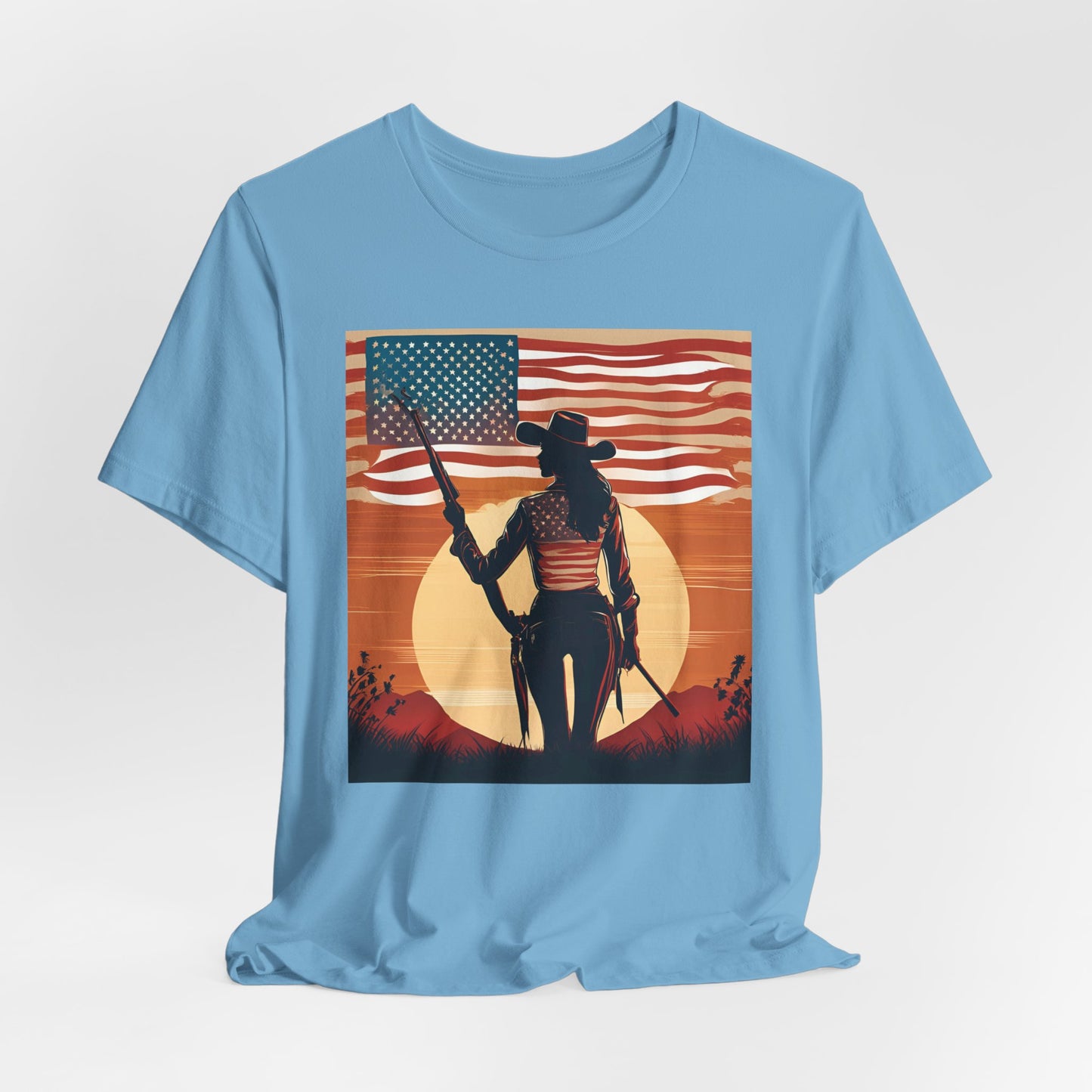 Patriotic Cowgirl Tee -  Short Sleeve Jersey Shirt with American Flag Design