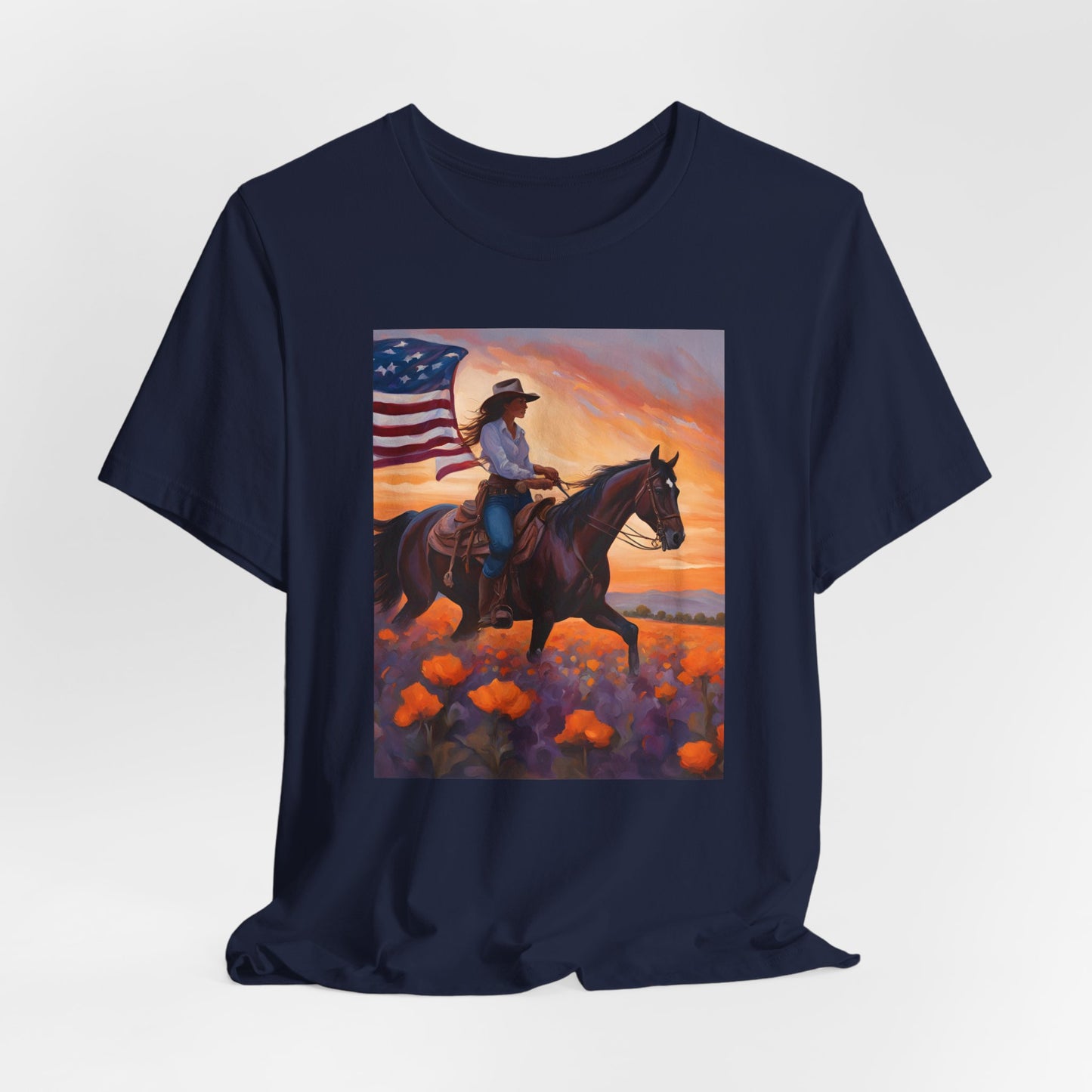 Patriotic Cowgirl Tee with poppies - Short Sleeve Shirt with American Flag Design