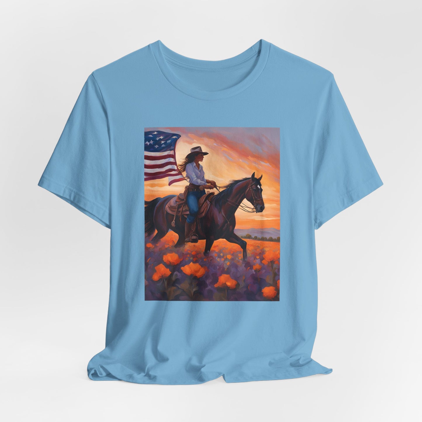 Patriotic Cowgirl Tee with poppies - Short Sleeve Shirt with American Flag Design