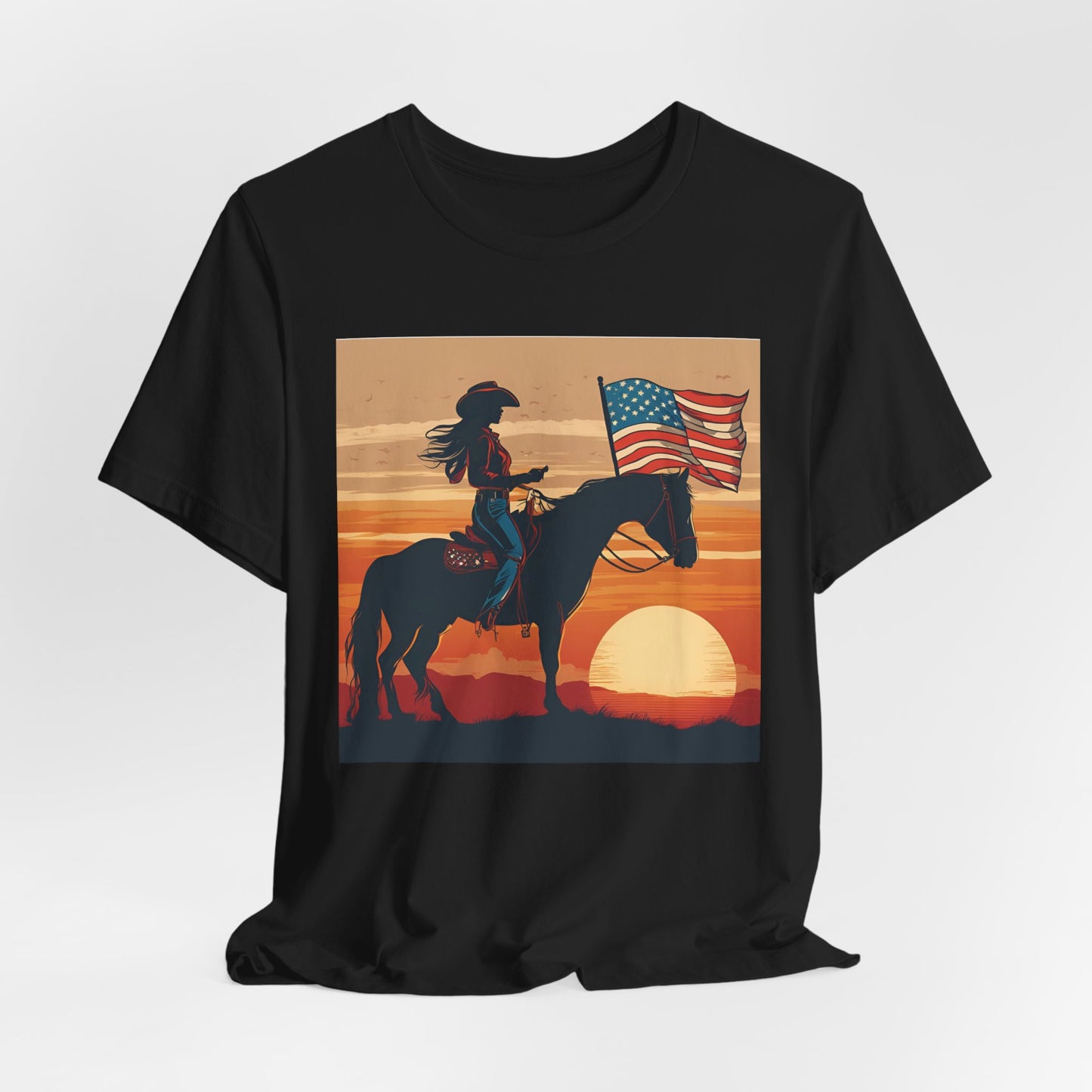 Cowgirl on Horse at Sunset with Flag Jersey Tee