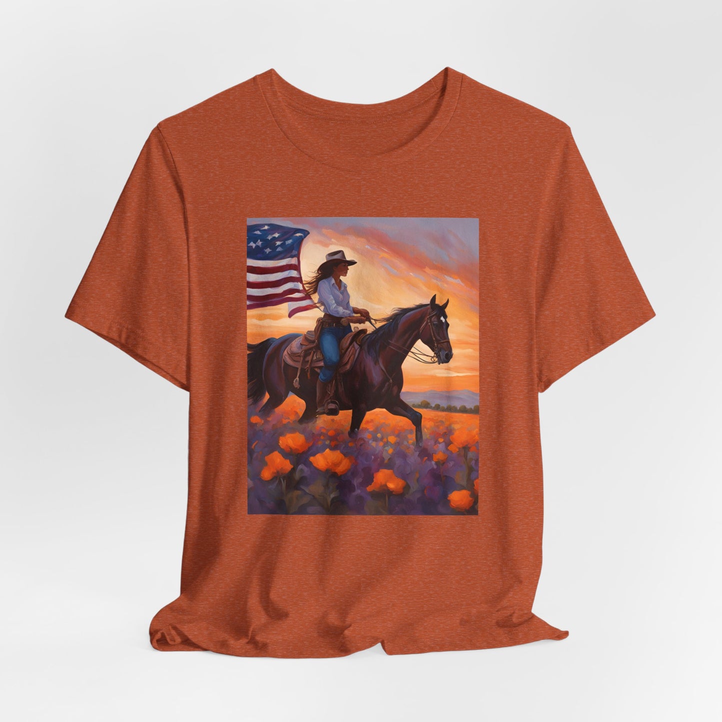 Patriotic Cowgirl Tee with poppies - Short Sleeve Shirt with American Flag Design
