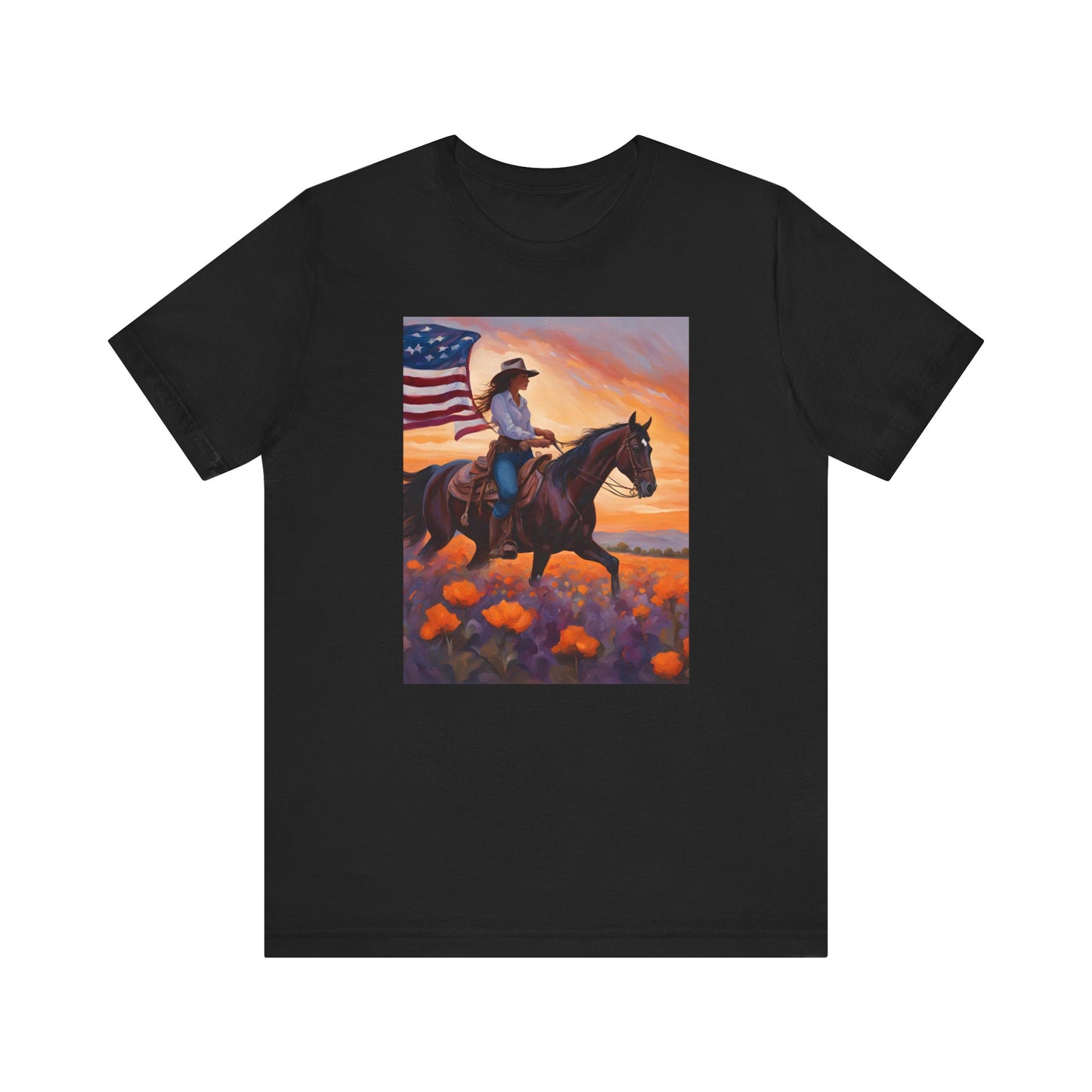 Patriotic Cowgirl Tee with poppies - Short Sleeve Shirt with American Flag Design