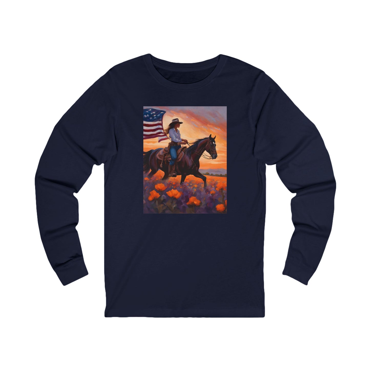 Patriotic Cowgirl Long Sleeve Tee - American Flag Sunset Design