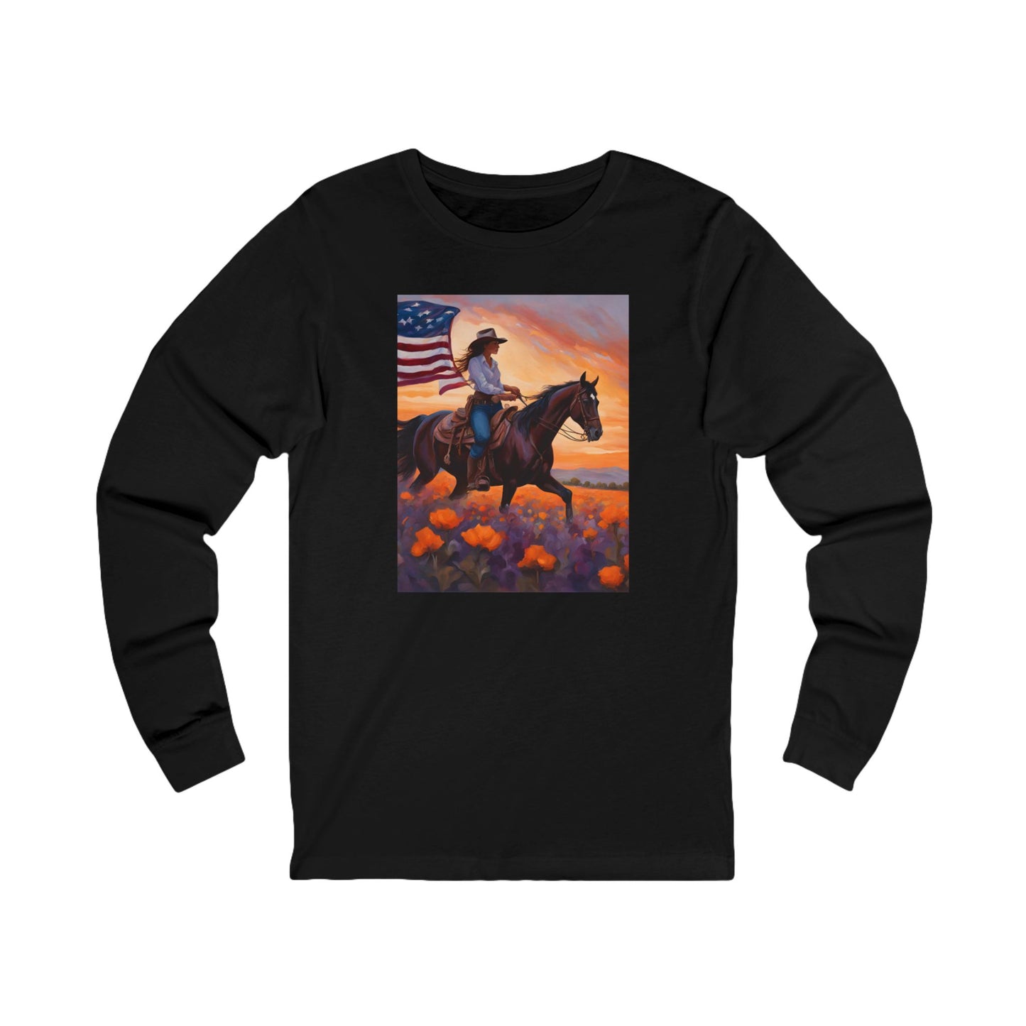 Patriotic Cowgirl Long Sleeve Tee - American Flag Sunset Design