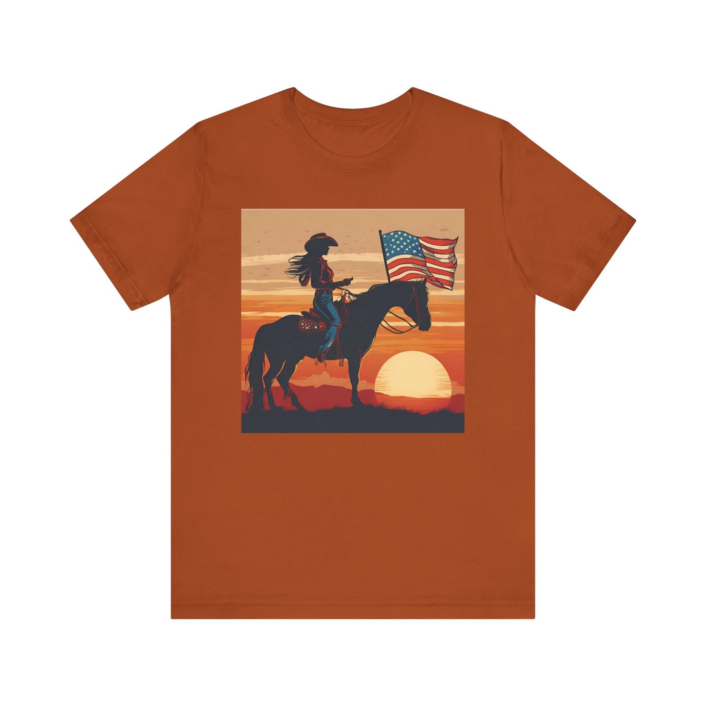 Cowgirl on Horse at Sunset with Flag Jersey Tee