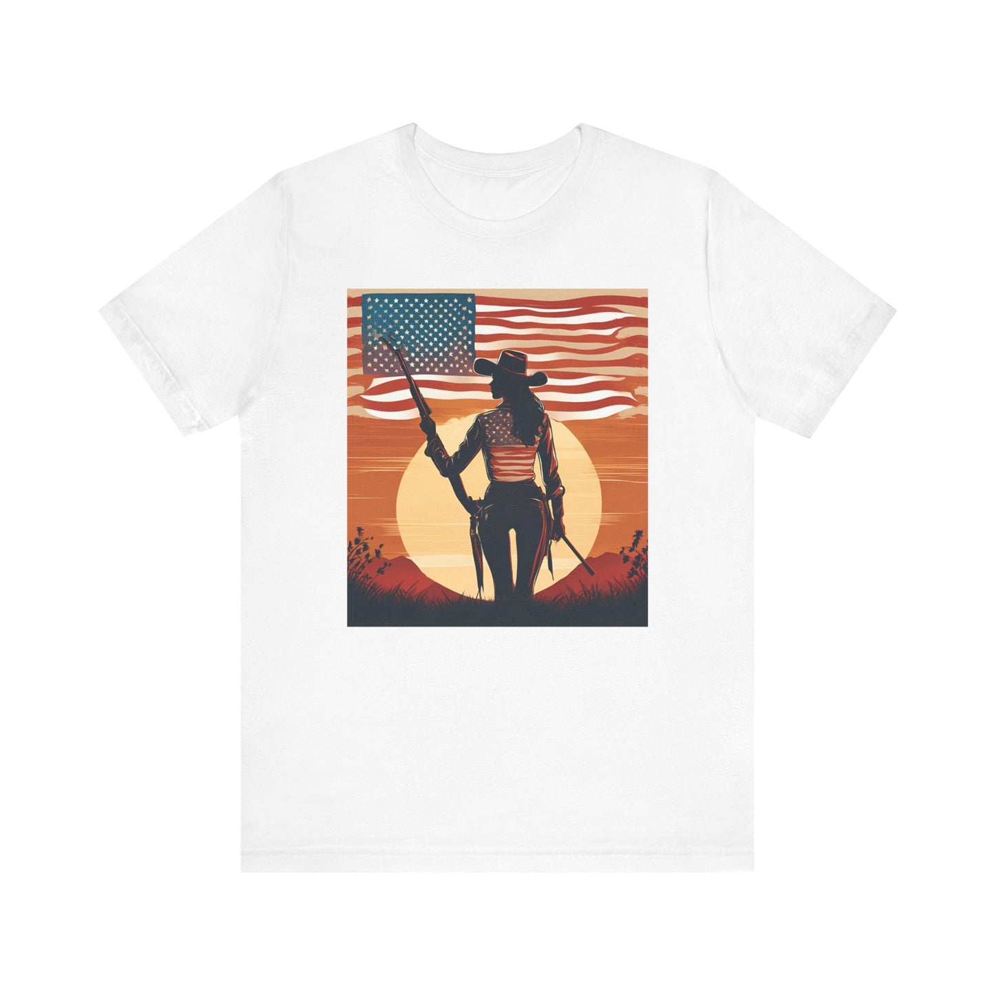 Patriotic Cowgirl Tee -  Short Sleeve Jersey Shirt with American Flag Design