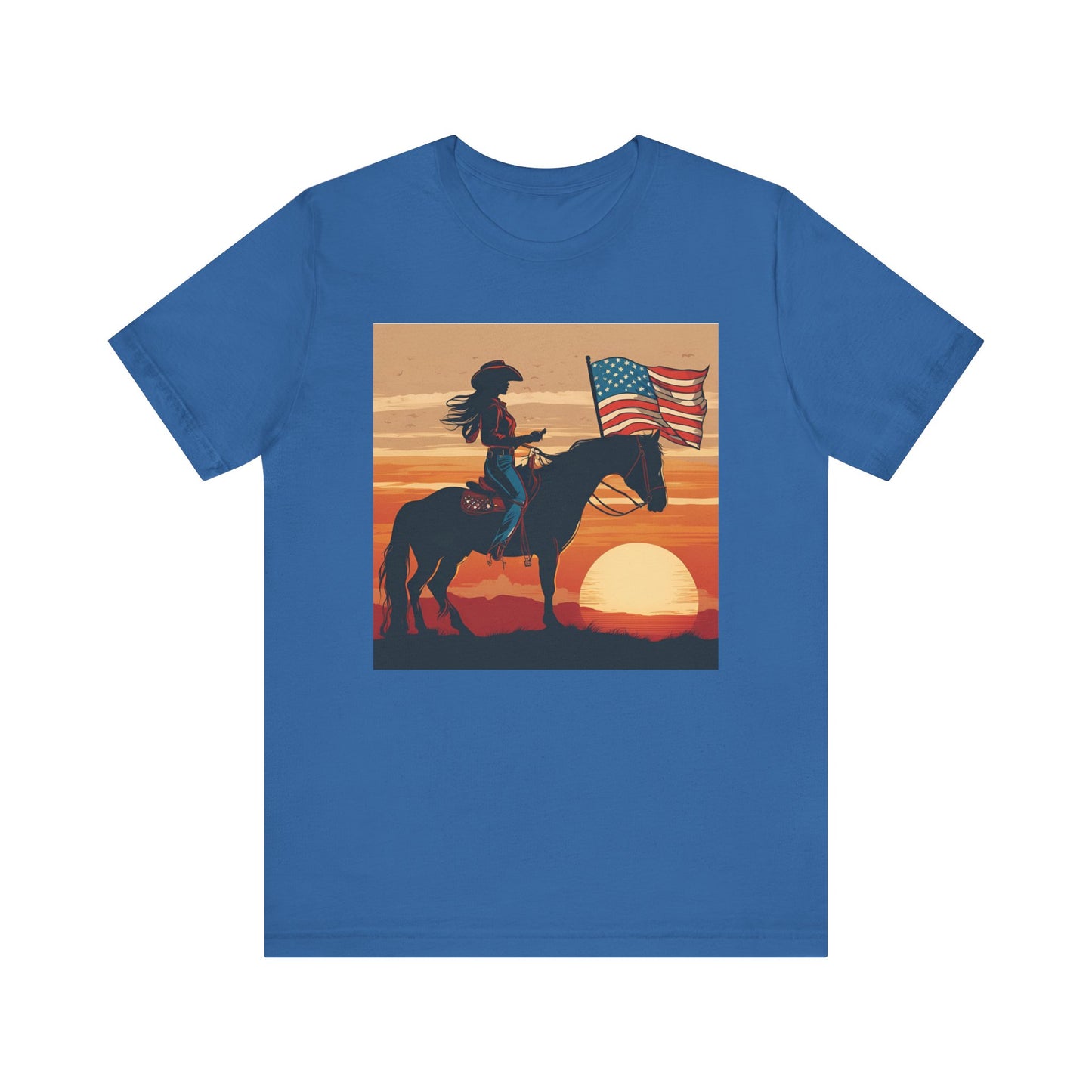 Cowgirl on Horse at Sunset with Flag Jersey Tee