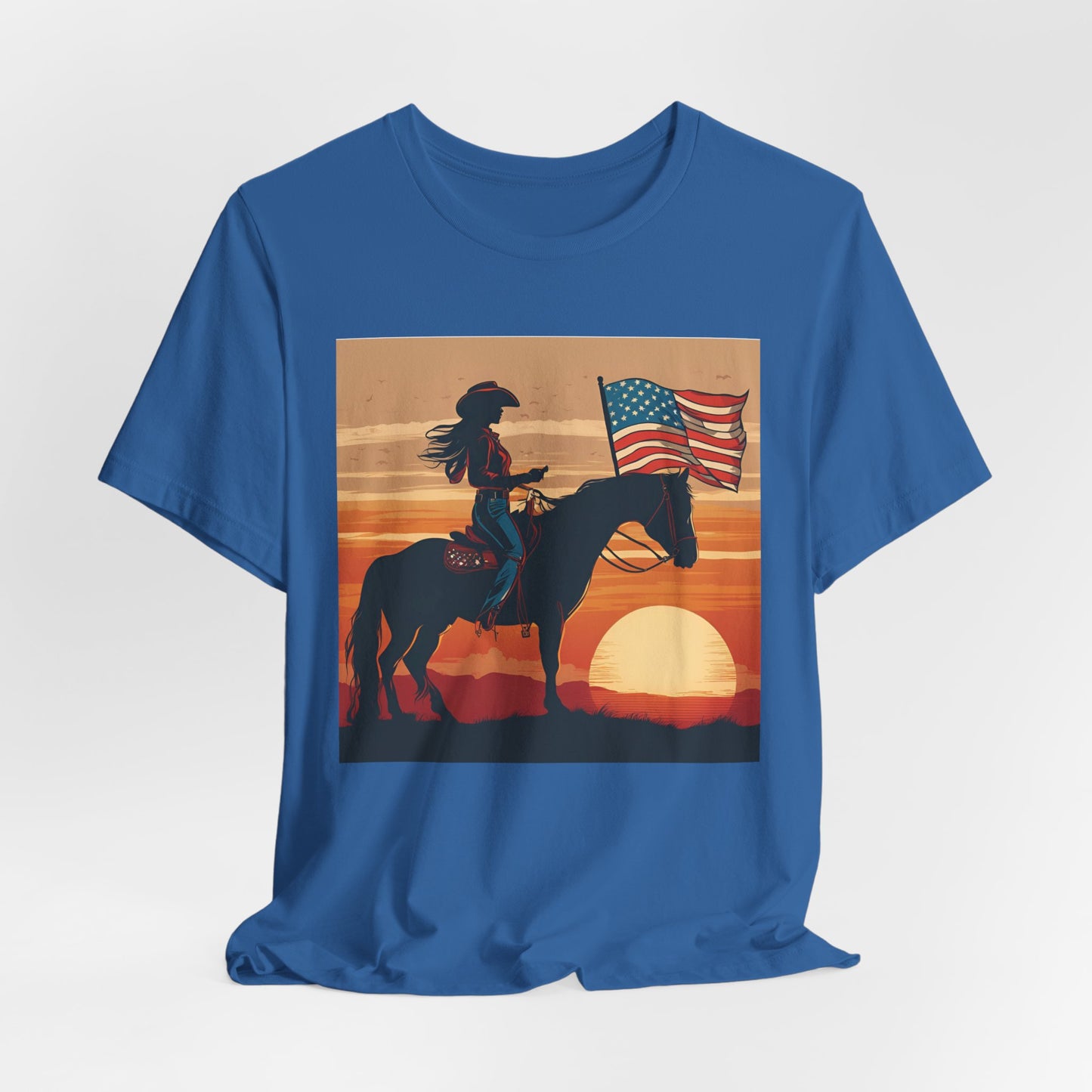 Cowgirl on Horse at Sunset with Flag Jersey Tee