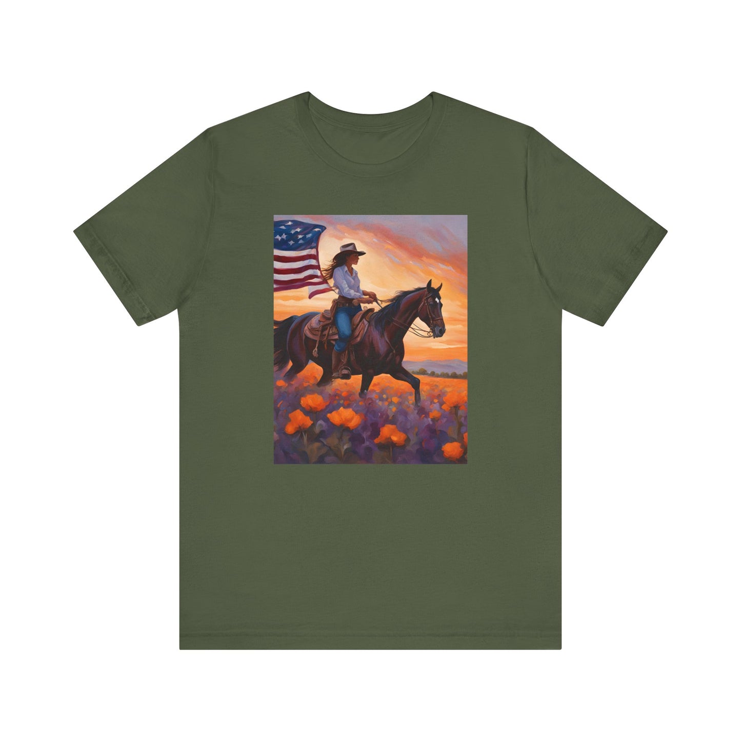 Patriotic Cowgirl Tee with poppies - Short Sleeve Shirt with American Flag Design