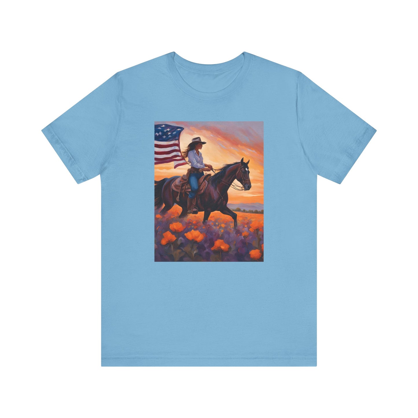 Patriotic Cowgirl Tee with poppies - Short Sleeve Shirt with American Flag Design