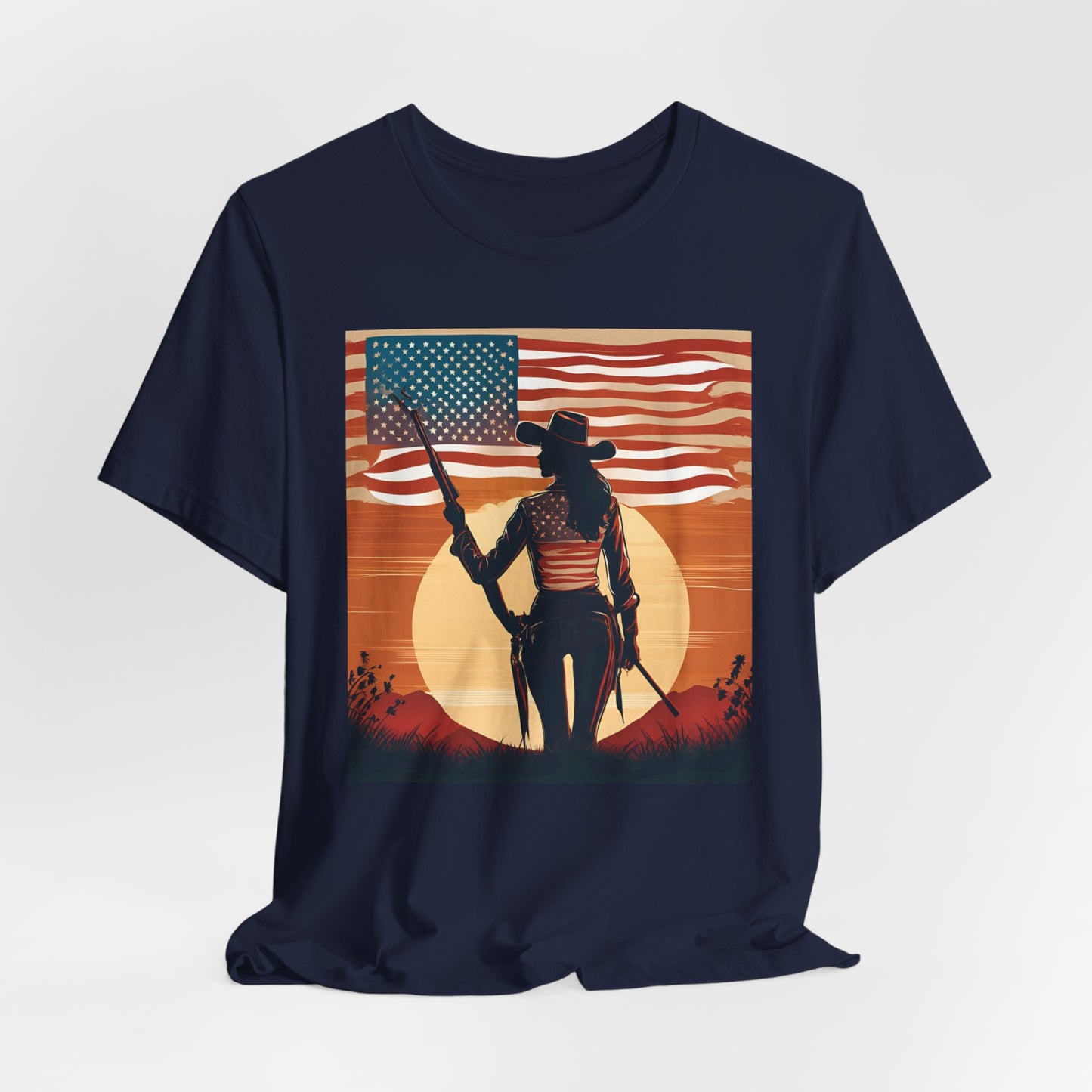 Patriotic Cowgirl Tee -  Short Sleeve Jersey Shirt with American Flag Design