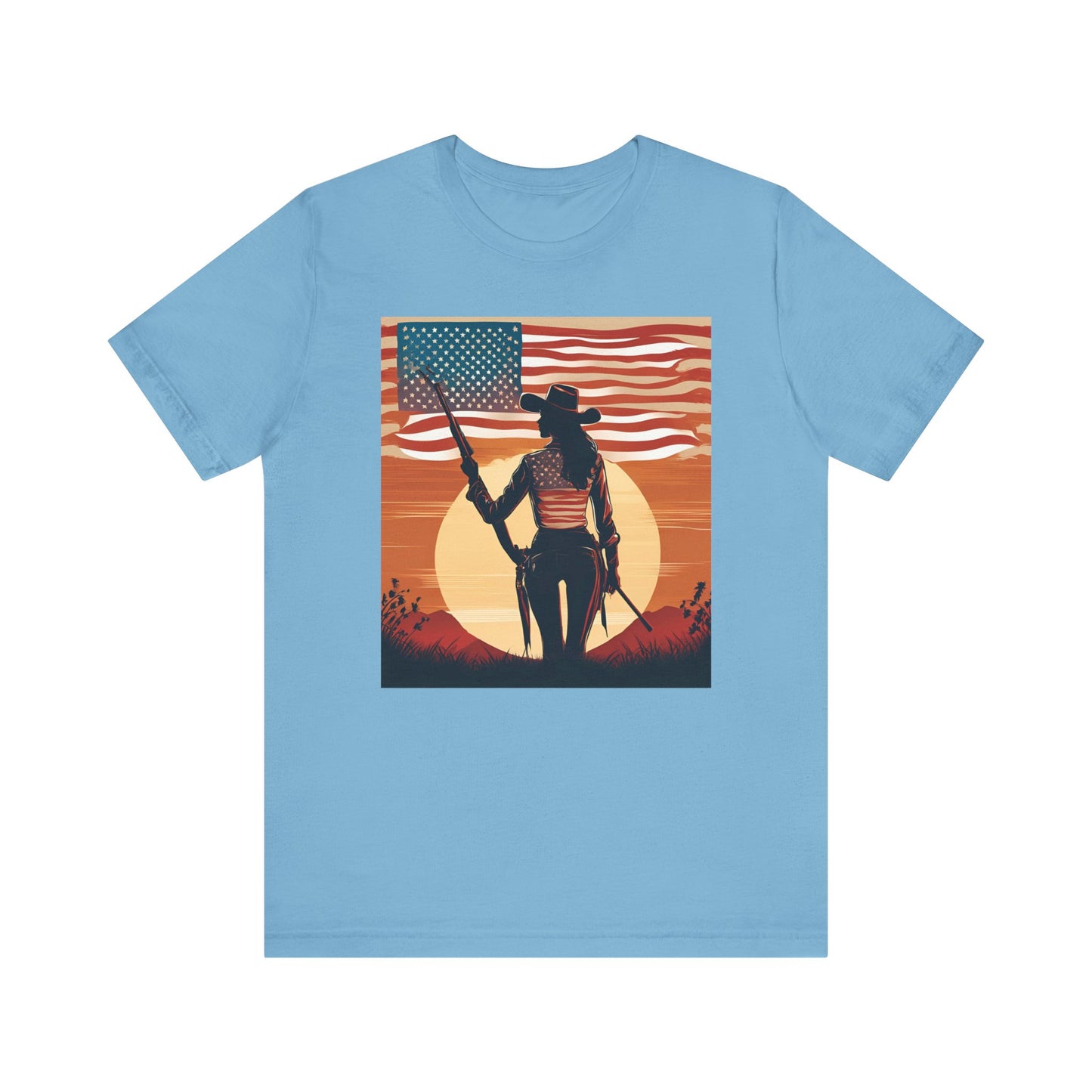 Patriotic Cowgirl Tee -  Short Sleeve Jersey Shirt with American Flag Design