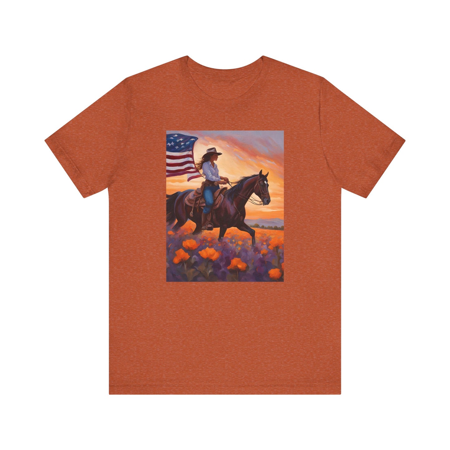 Patriotic Cowgirl Tee with poppies - Short Sleeve Shirt with American Flag Design