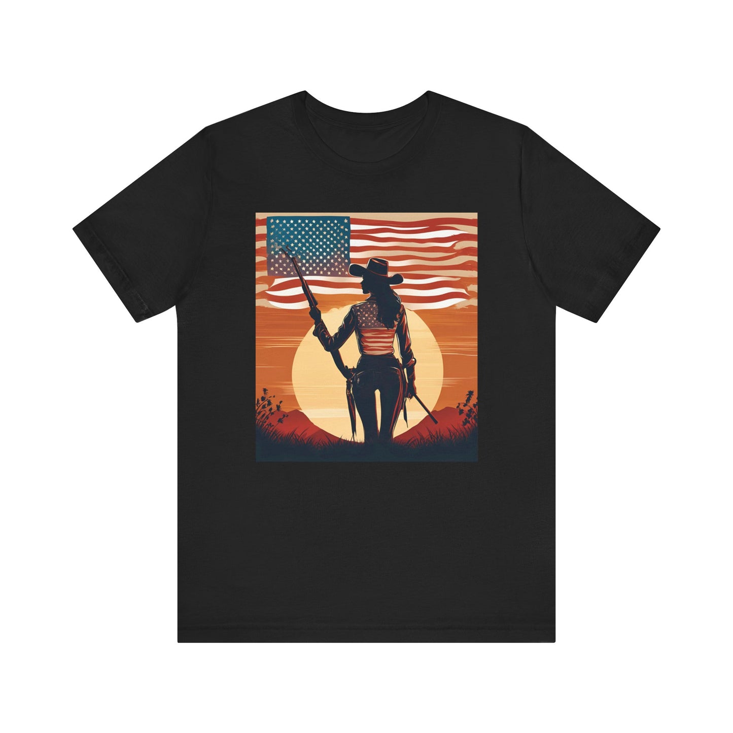 Patriotic Cowgirl Tee -  Short Sleeve Jersey Shirt with American Flag Design