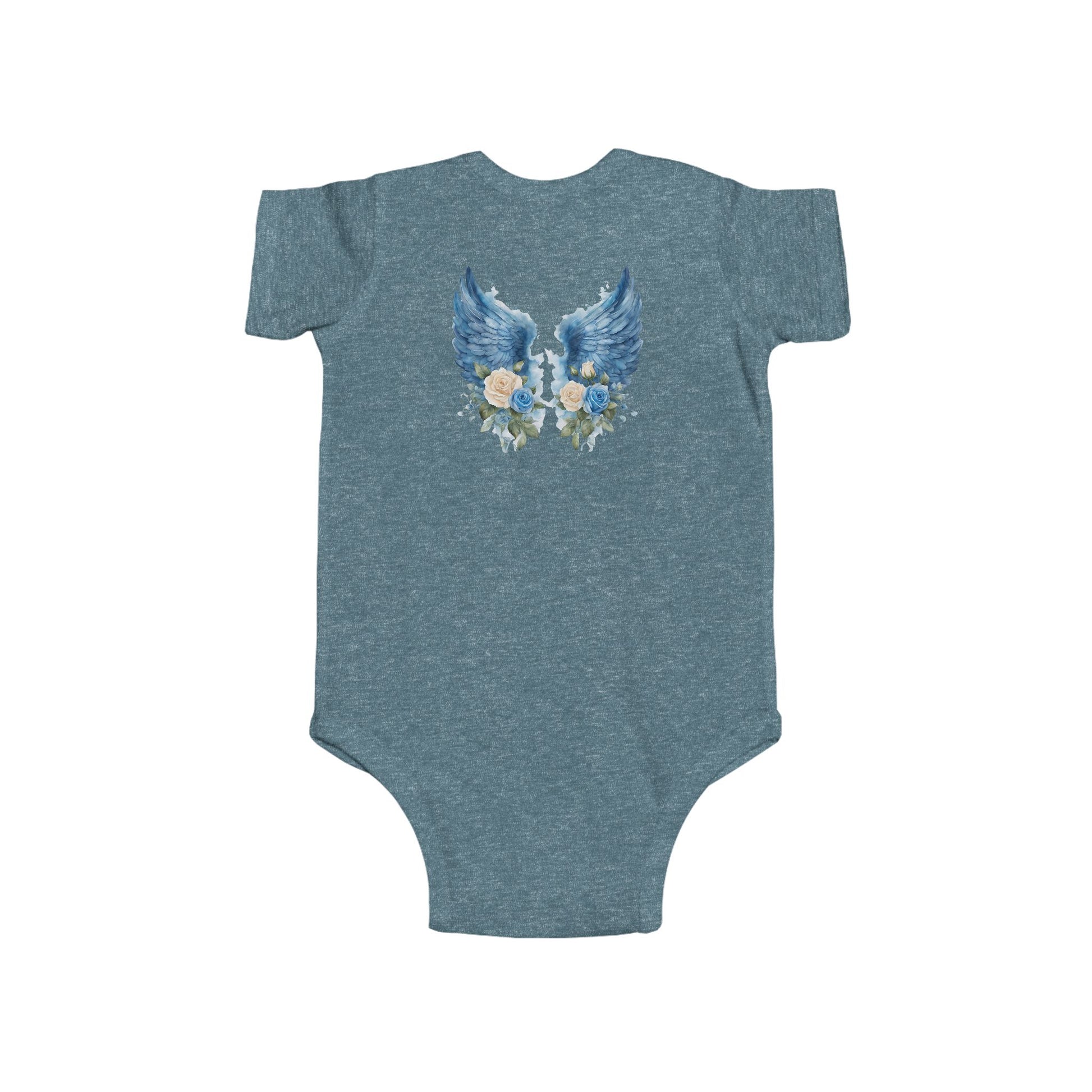 baby onesie with blue angel wings with cream & blue roses for unisex