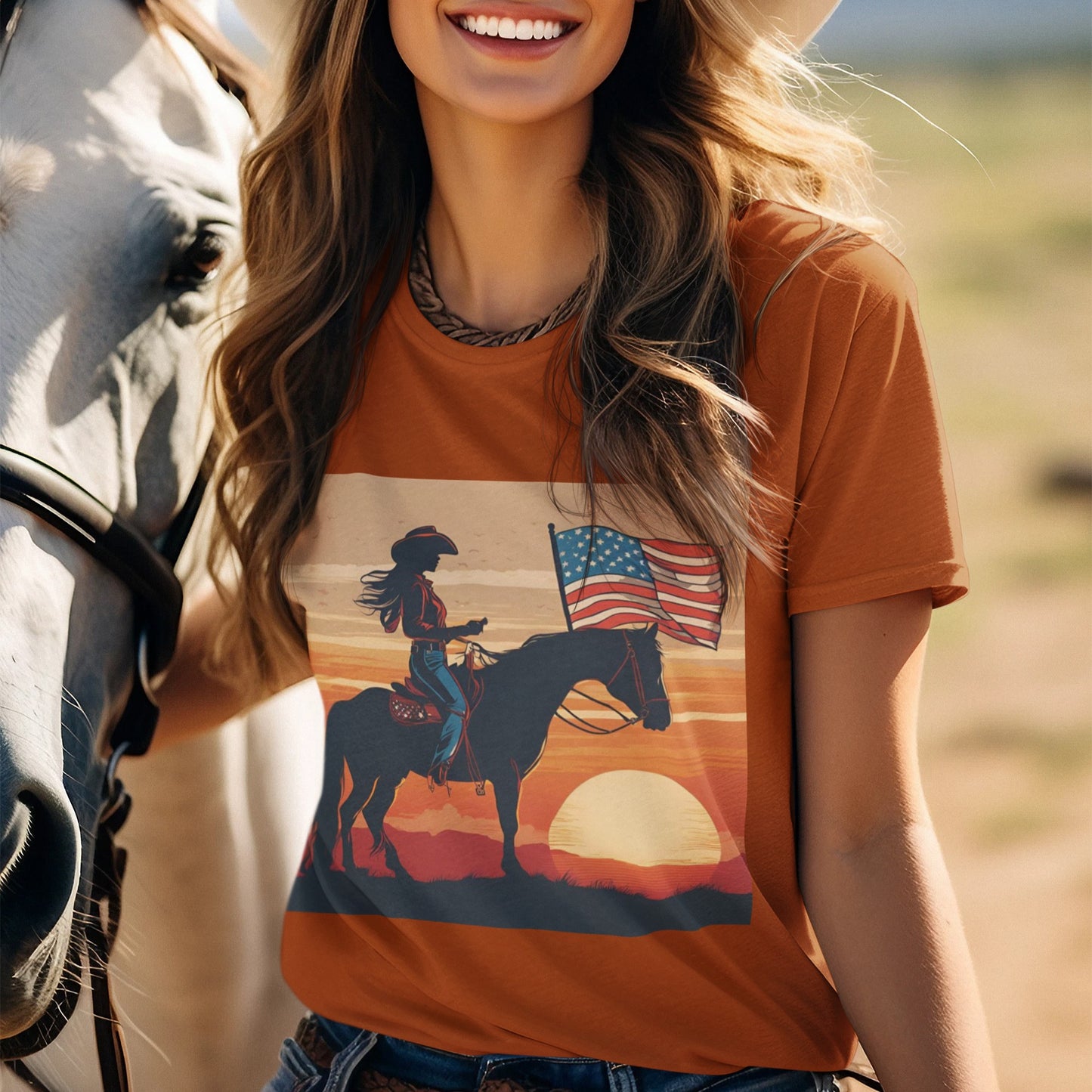 Cowgirl on Horse at Sunset with Flag Jersey Tee