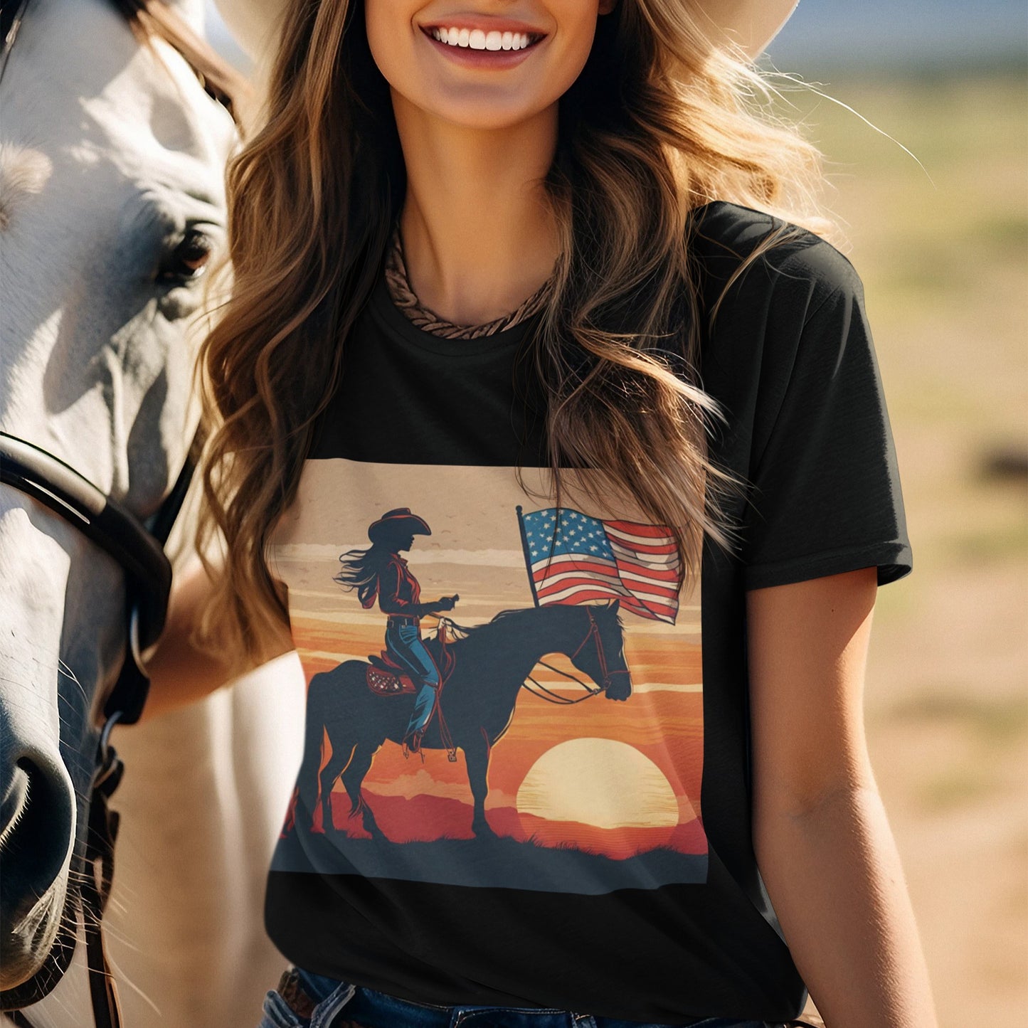 Cowgirl on Horse at Sunset with Flag Jersey Tee