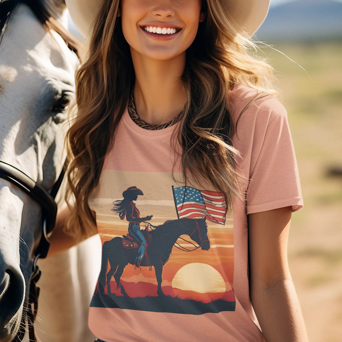 Cowgirl on Horse at Sunset with Flag Jersey Tee