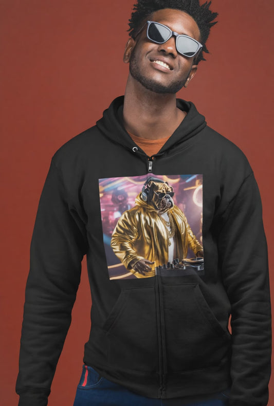 DJ Bulldog - Festival - Unisex Zip-Up Hoodie - Fun & Stylish Sweatshirt for Pet Lovers