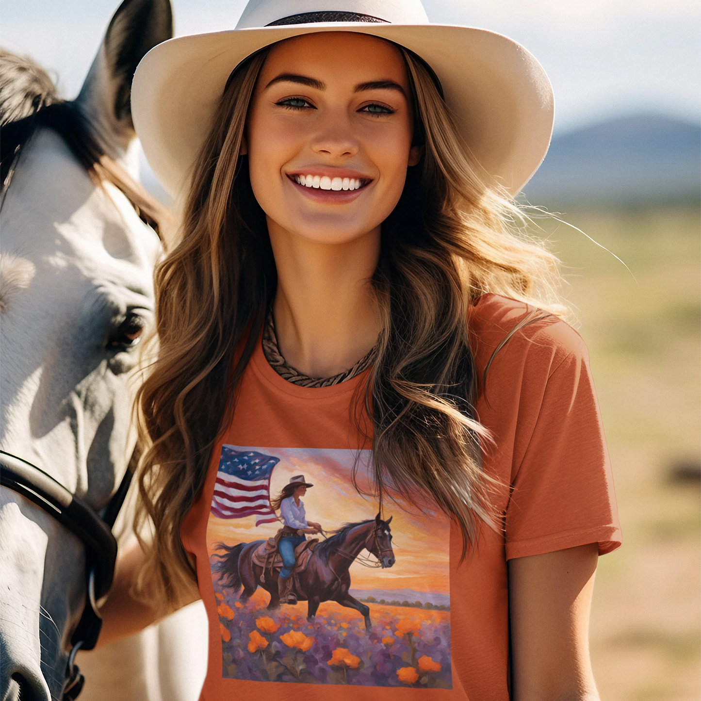 Patriotic Cowgirl Tee with poppies - Short Sleeve Shirt with American Flag Design