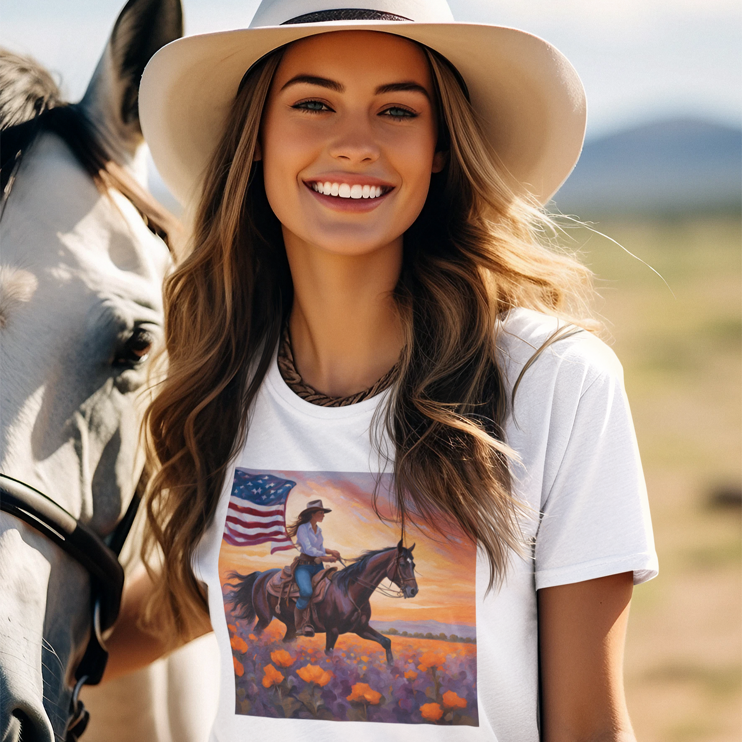 Patriotic Cowgirl Tee with poppies - Short Sleeve Shirt with American Flag Design