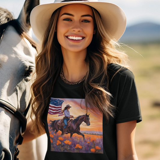 Patriotic Cowgirl Tee with poppies - Short Sleeve Shirt with American Flag Design