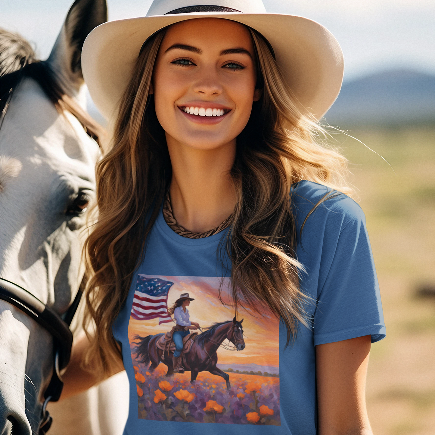 Patriotic Cowgirl Tee with poppies - Short Sleeve Shirt with American Flag Design