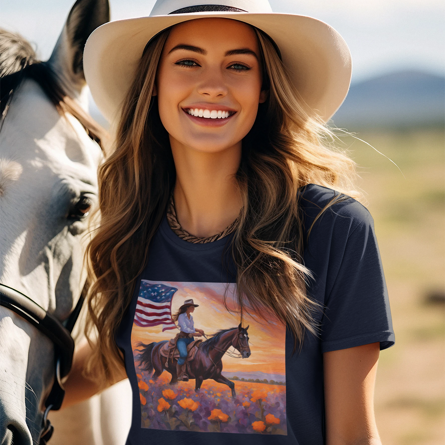 Patriotic Cowgirl Tee with poppies - Short Sleeve Shirt with American Flag Design