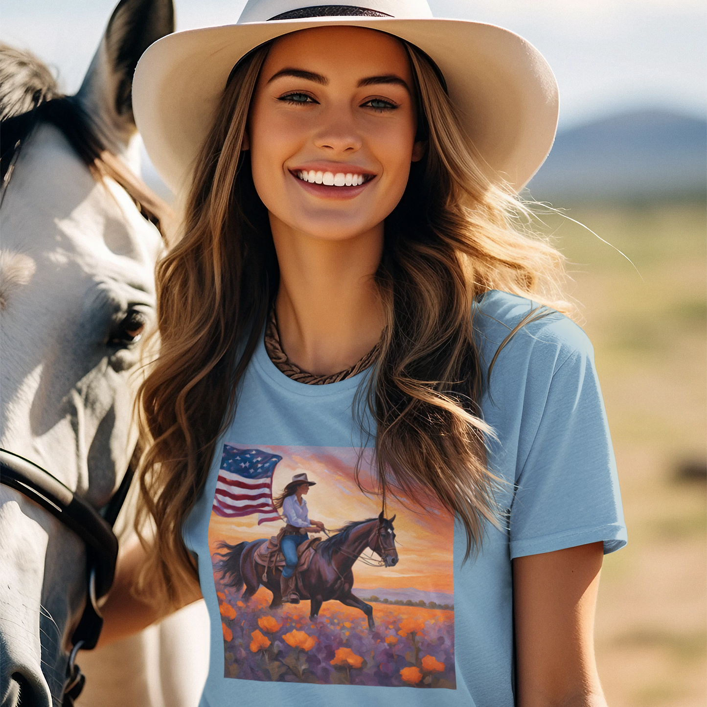 Patriotic Cowgirl Tee with poppies - Short Sleeve Shirt with American Flag Design