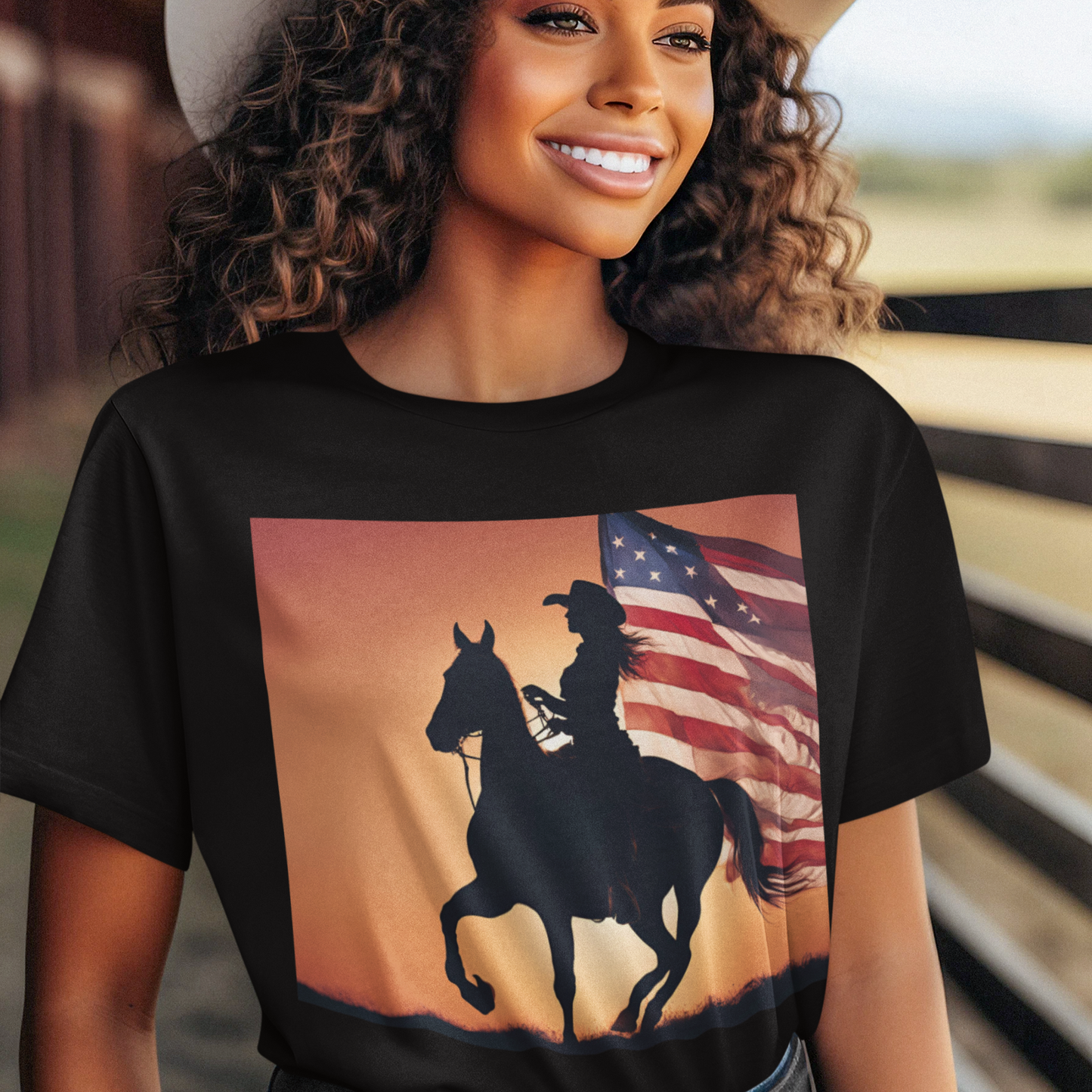 Patriotic Cowgirl Tee -  Short Sleeve Jersey Shirt with American Flag Design
