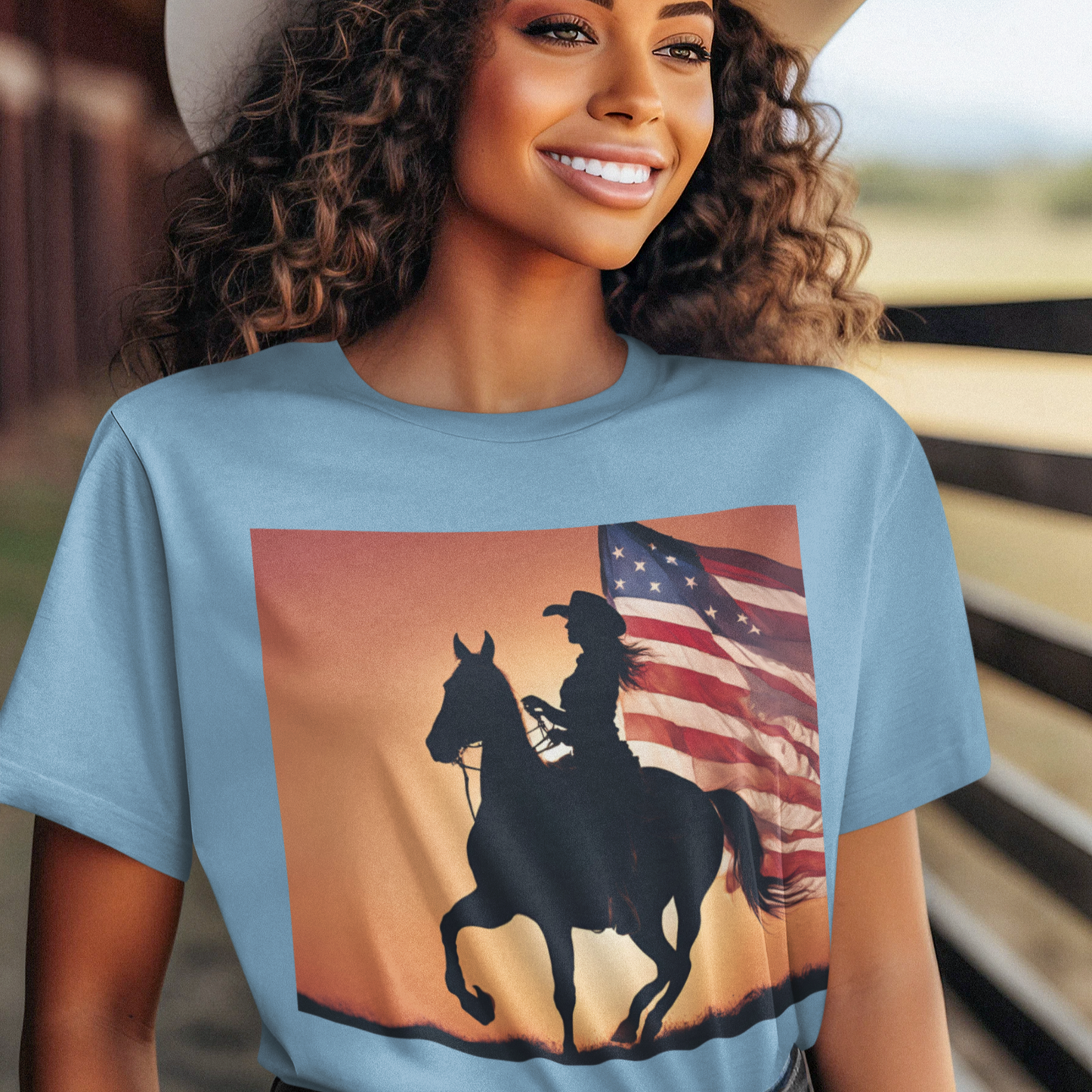 Patriotic Cowgirl Tee -  Short Sleeve Jersey Shirt with American Flag Design