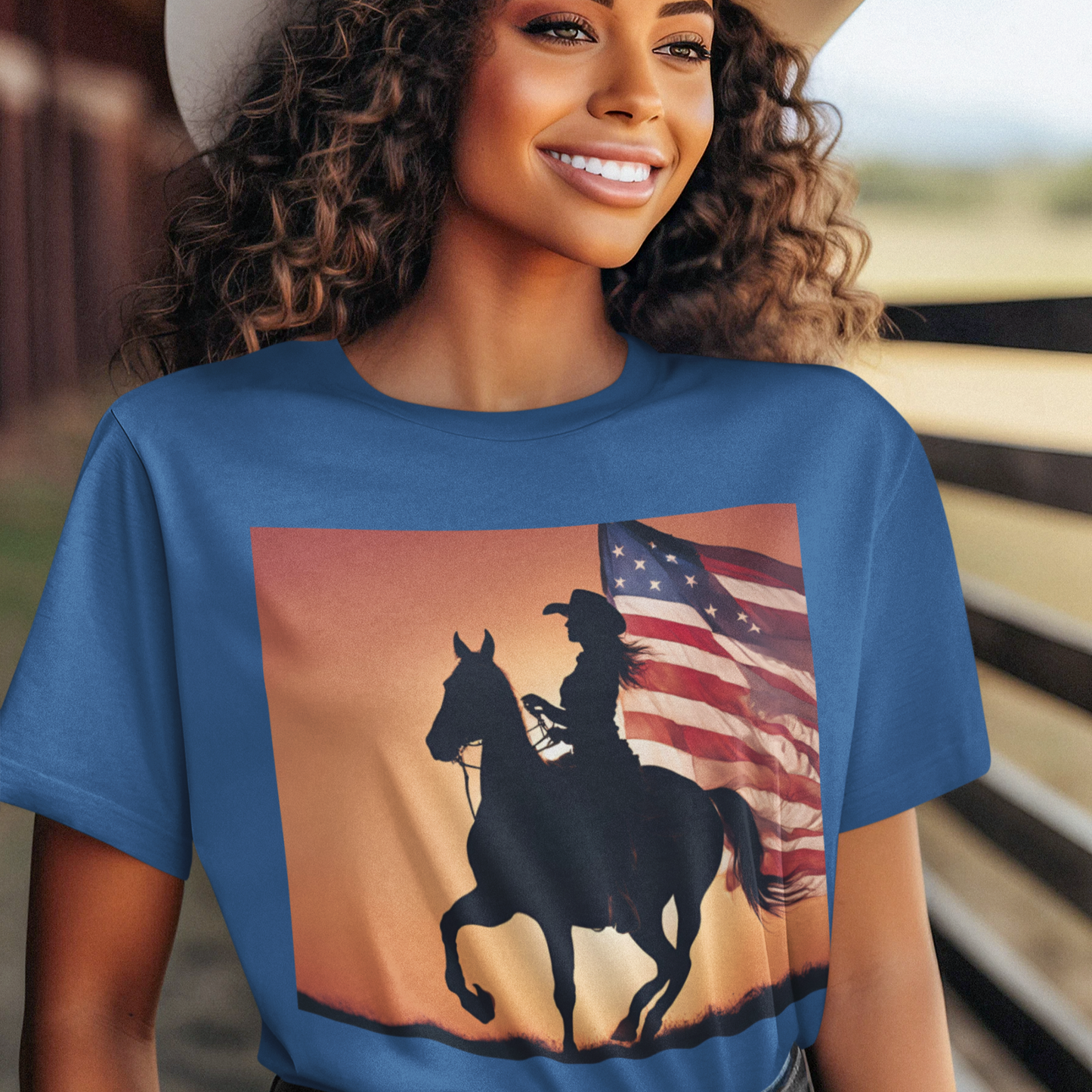 Patriotic Cowgirl Tee -  Short Sleeve Jersey Shirt with American Flag Design